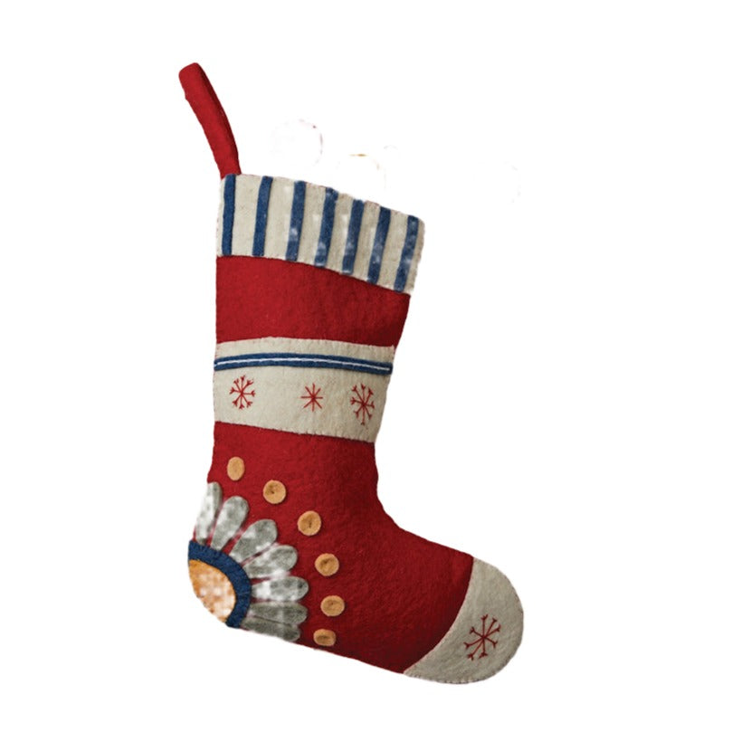 18H Handmade Wool Felt Christmas Stocking with Embroidered Snowflakes & Flowers - Perfect for Holiday Decor, Fireplace Mantel, and Festive Gift Giving