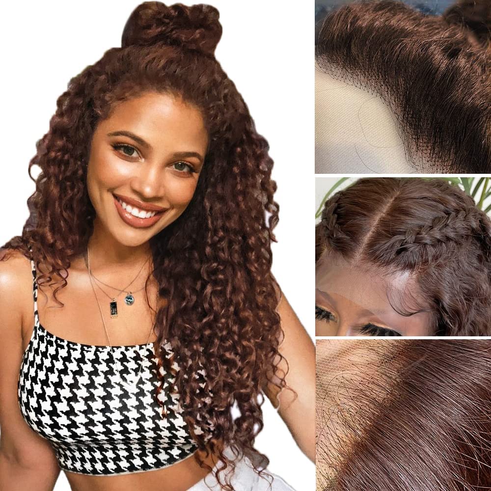 FTQZKEY 13x4 Brown Curly Lace Front Human Hair Wig 22 Inch - Chocolate Brown Water Wave HD Transparent Lace Wig with 5 Free Gifts | Perfect for Daily Wear, Cosplay & Special Occasions