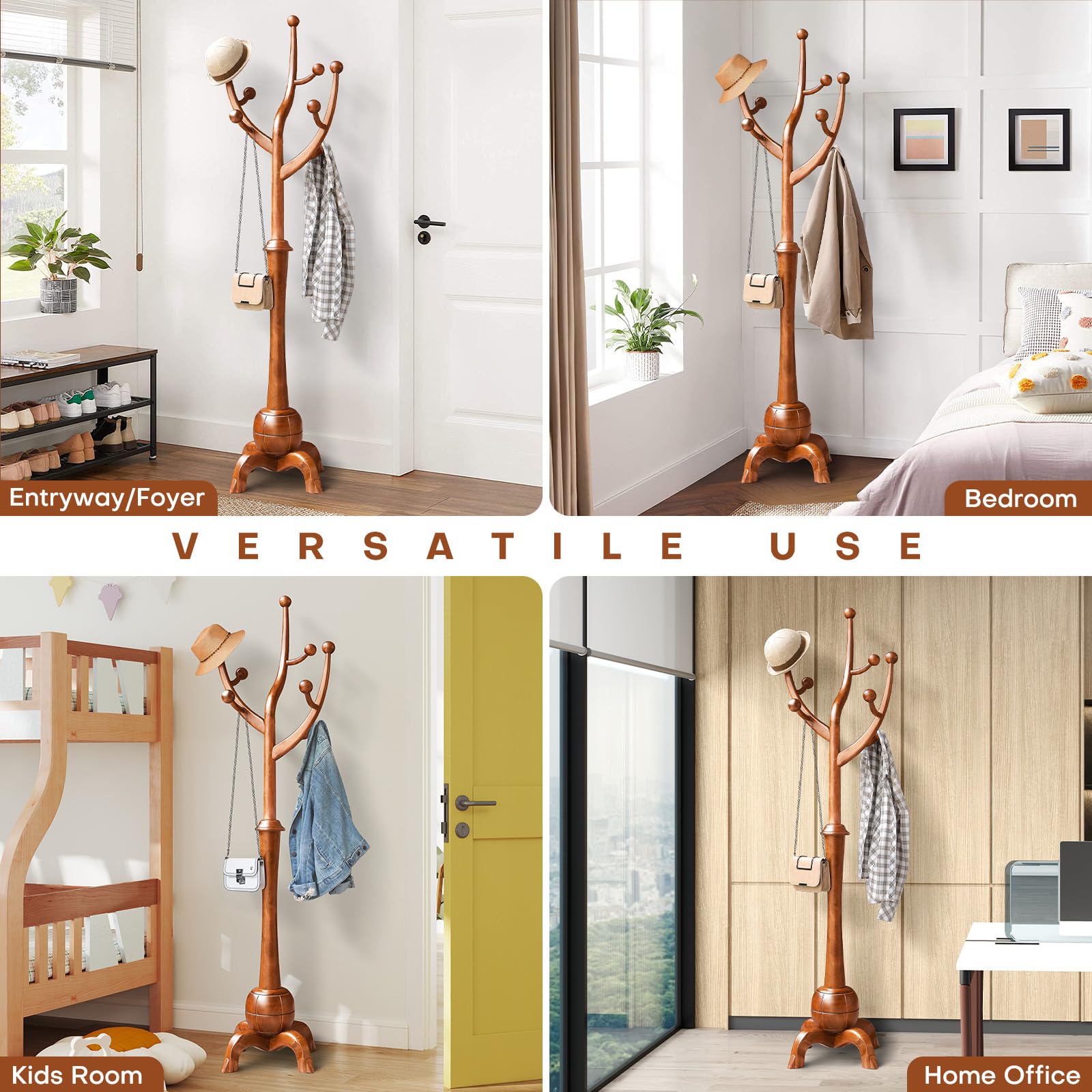Freestanding Wood Coat Rack with 8 Hooks - Creative Tree Branch Design - Heavy Duty Clothes Hanger Stand with Stable Sphere Base (160lbs Capacity, Light Brown) - Perfect for Entryway, Hallway, Bedroom & Living Room Organization