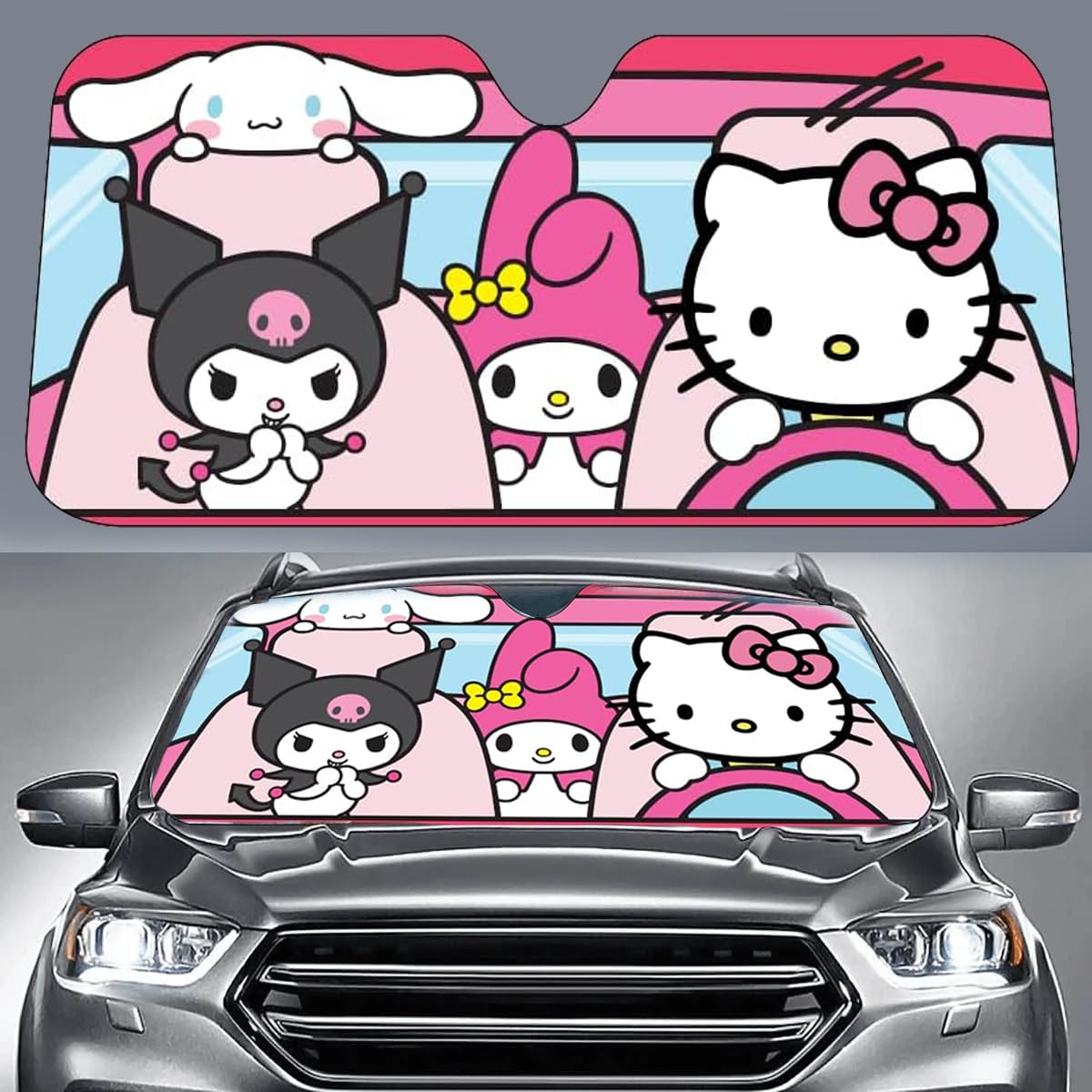 Official Hello Kitty Car Sunshade - Cute Multicolor Windshield Sun Shade for Cars | Perfect for Summer Heat Protection & Hello Kitty Fans | Use for Parking, Road Trips & Daily Commute