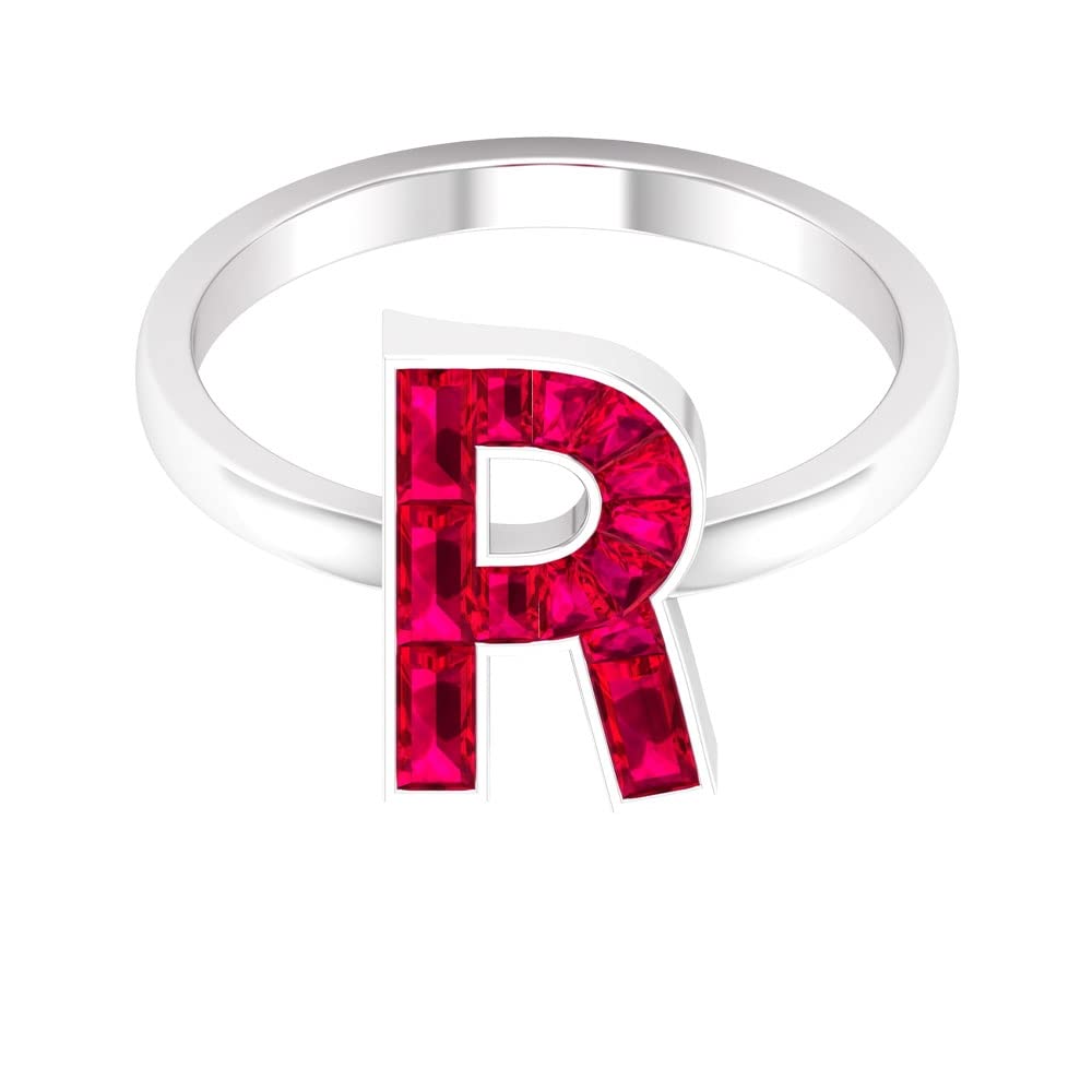 A-Z Alphabet Initial Rings - 14K White Gold Lab Created Ruby Baguette Channel Set Letter Rings for Women - Perfect for Birthdays, Anniversaries & Personalized Gifts