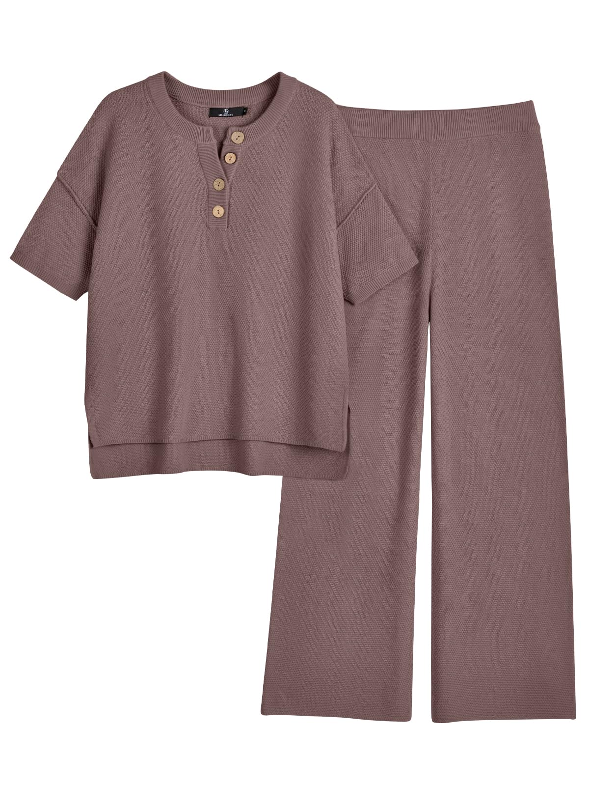LILLUSORY Women's 2-Piece Lounge Set - Soft Knit Short Sleeve Top & Elastic Waist Pajama Pants | Casual Matching Outfit for Home, Yoga & Relaxation