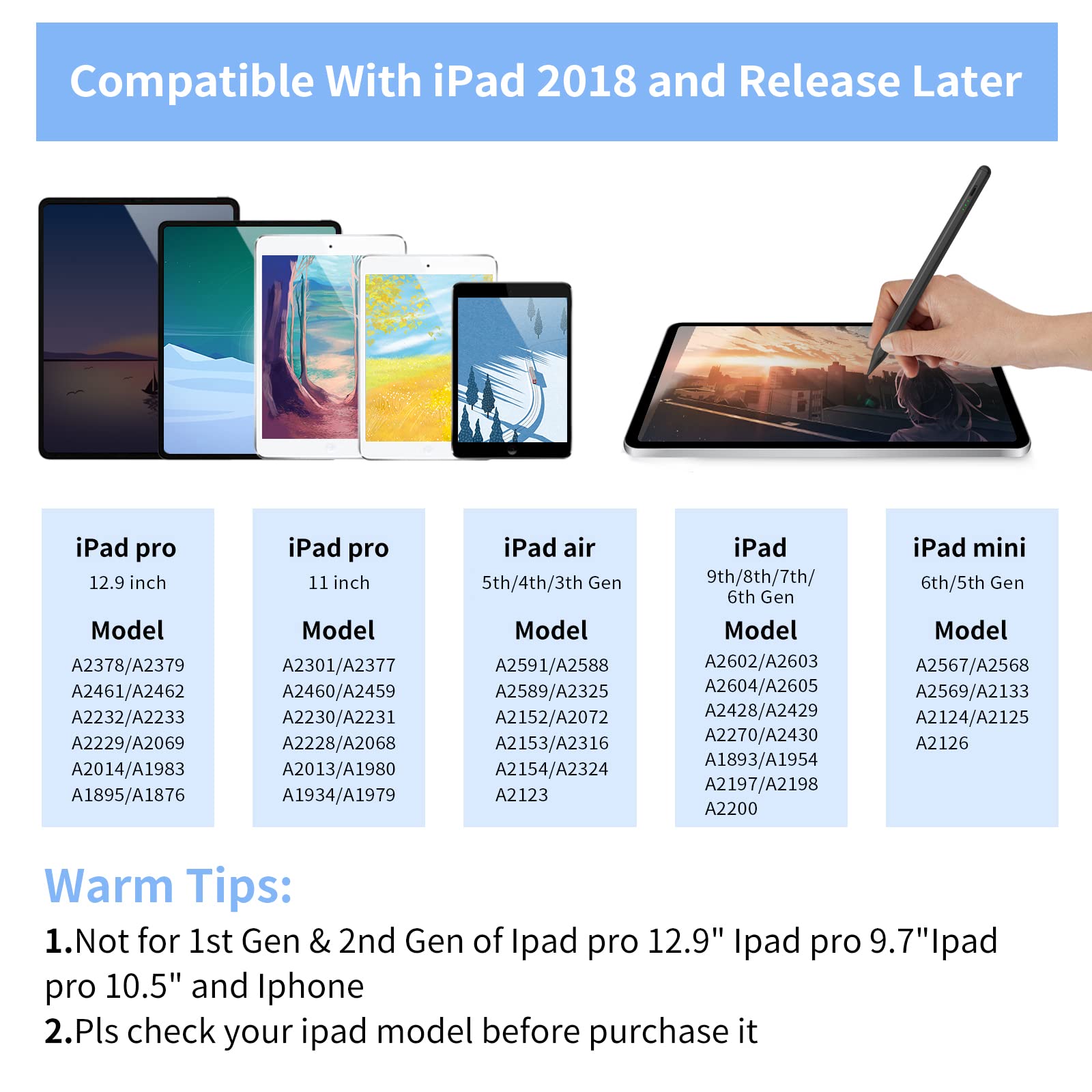 Apple Pencil Stylus for iPad 10th/9th/8th/7th/6th Gen, iPad Mini 6th/5th, iPad Air 5th/4th/3rd, iPad Pro 11 & 12.9 Inch - Tilt & Pressure Sensitive with Palm Rejection - Perfect for Drawing, Note-Taking & Digital Art