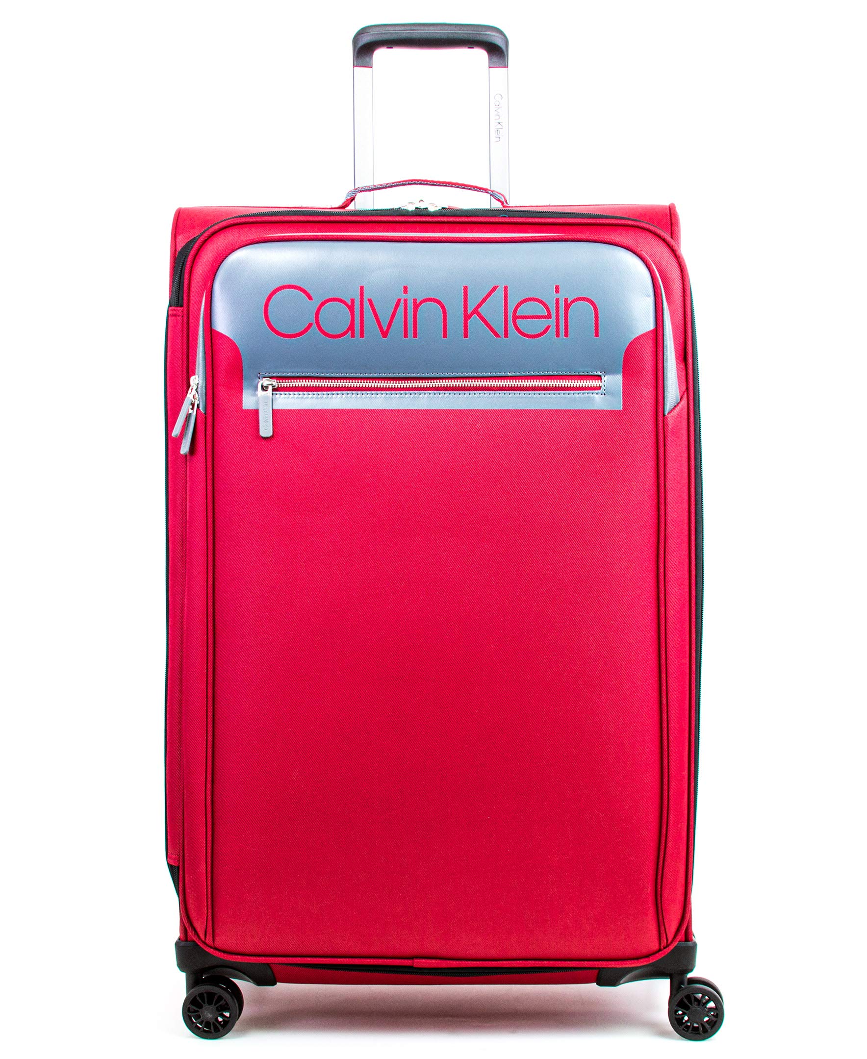 Calvin Klein Flare Softside Spinner Luggage 29 Inch - Lightweight Expandable Suitcase with 360° Wheels, Grey/Red | Perfect for Business Travel & Family Vacations