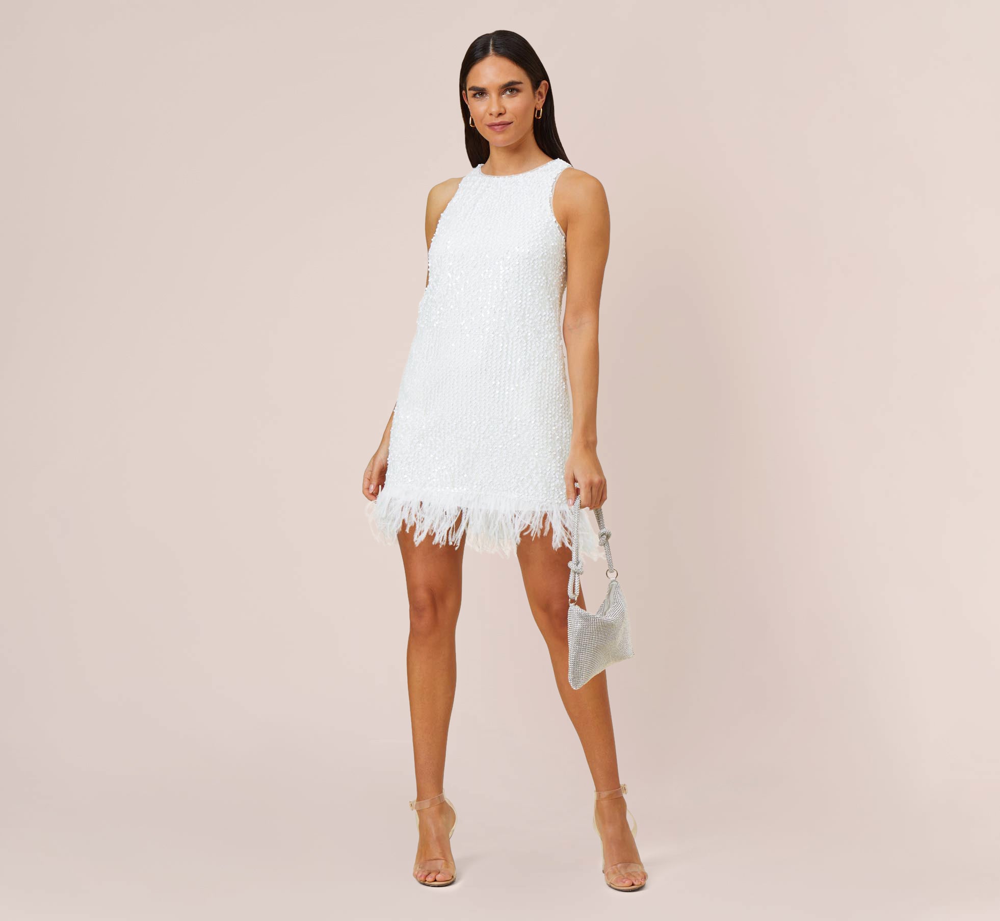 Ivory Sequined Trapeze Halter Dress with Feather Trim - Elegant Party Wear for Evening Events, Prom, Cocktail Parties & Special Occasions