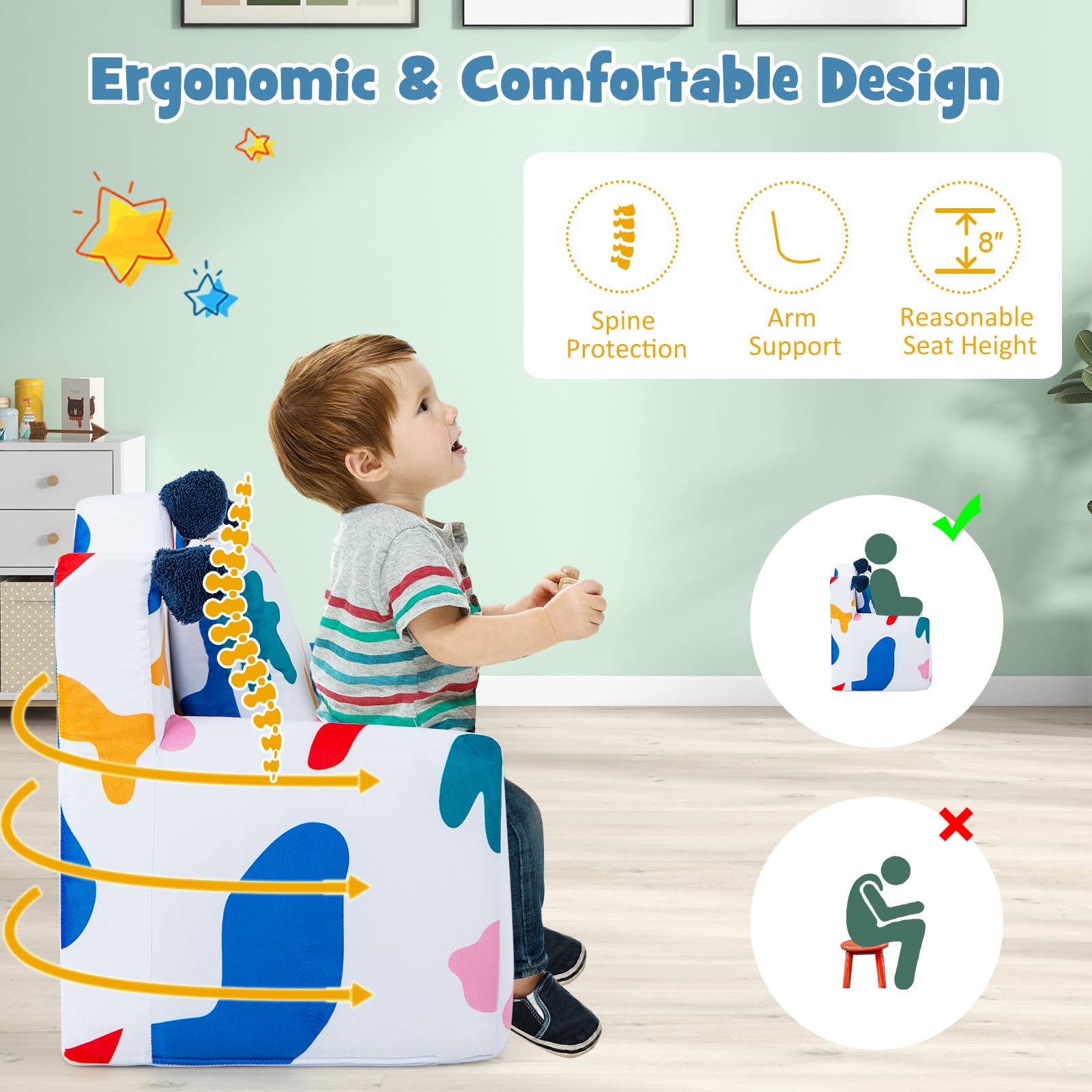 HONEY JOY Toddler Couch - Crown Shaped Kids Chair with Bonus Pillow, Soft Velvet Cover & Extra Cushion Foam, Lightweight Baby Sofa for Playroom, Nursery or Bedroom - Multi-Color Leaf Design for Boys & Girls