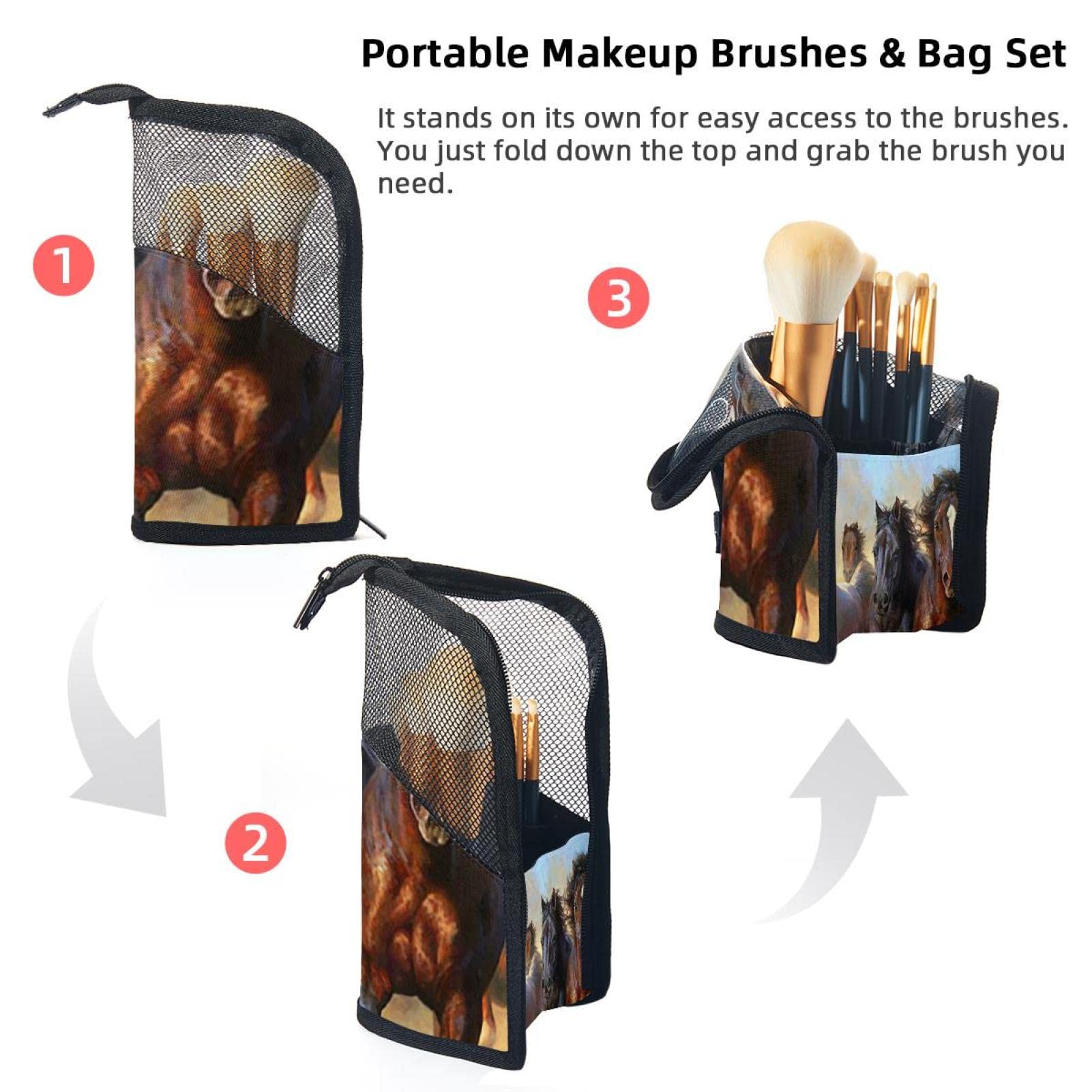 Premium 12-Piece Makeup Brush Organizer Bag - Running Horse Prairie Animal Design, Portable Makeup Brush Holder Case for Travel & Home Storage | Perfect for Makeup Artists & Beauty Enthusiasts