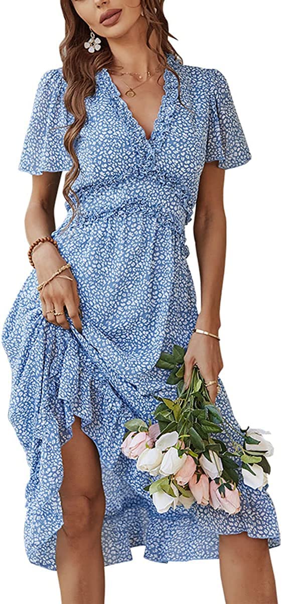 Women's Floral Boho Dress - Short Sleeve Button Down V-Neck Midi Shirt Dress with Front Tie | Perfect for Summer Casual Wear, Beach Vacations & Boho Chic Outfits