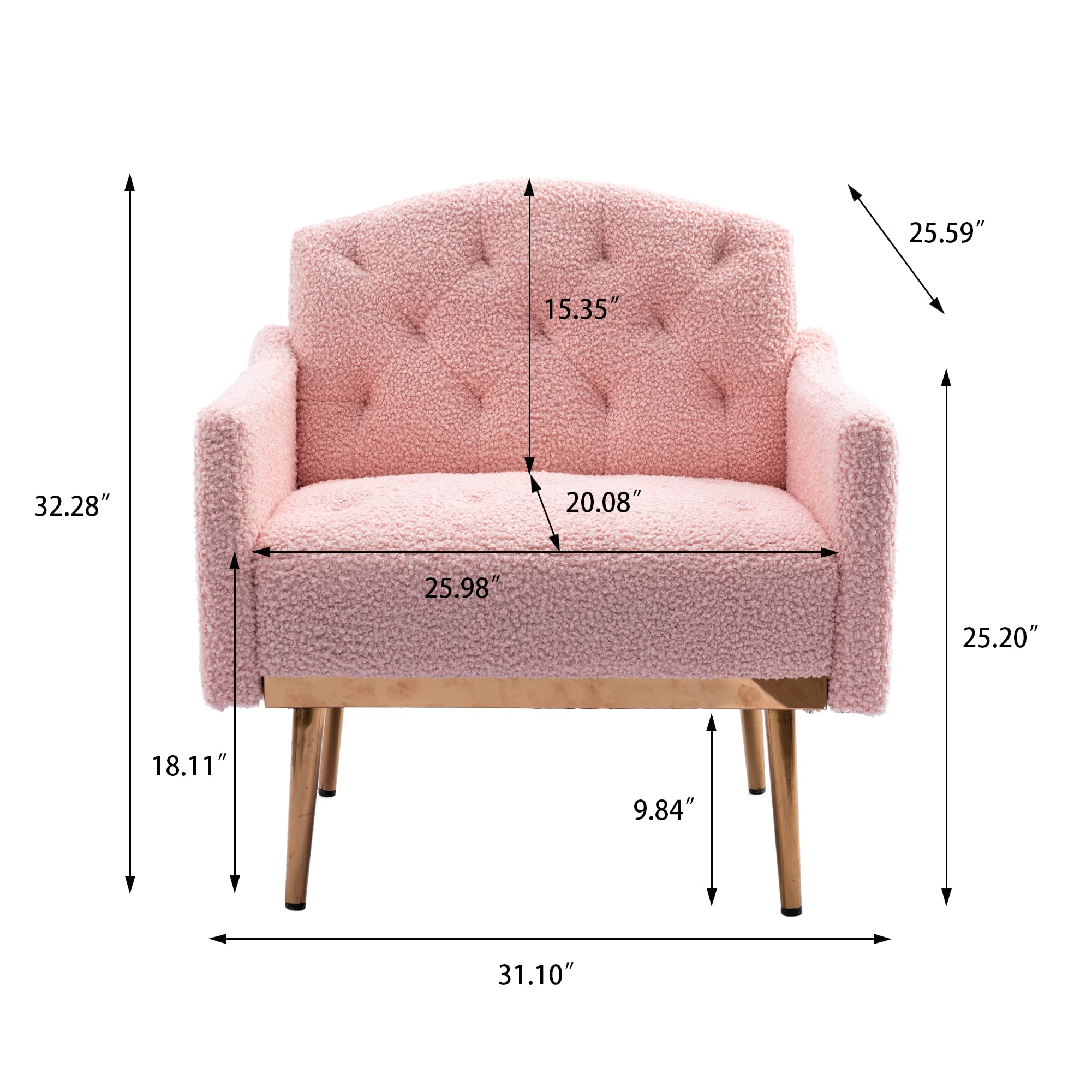 Modern Accent Chair with Upholstered Armrests - Club Lounge Chair for Living Room, Studio, Reading Nook & Dressing Room - Soft Teddy Pink Fabric - Perfect for Relaxing, Entertaining & Home Decor