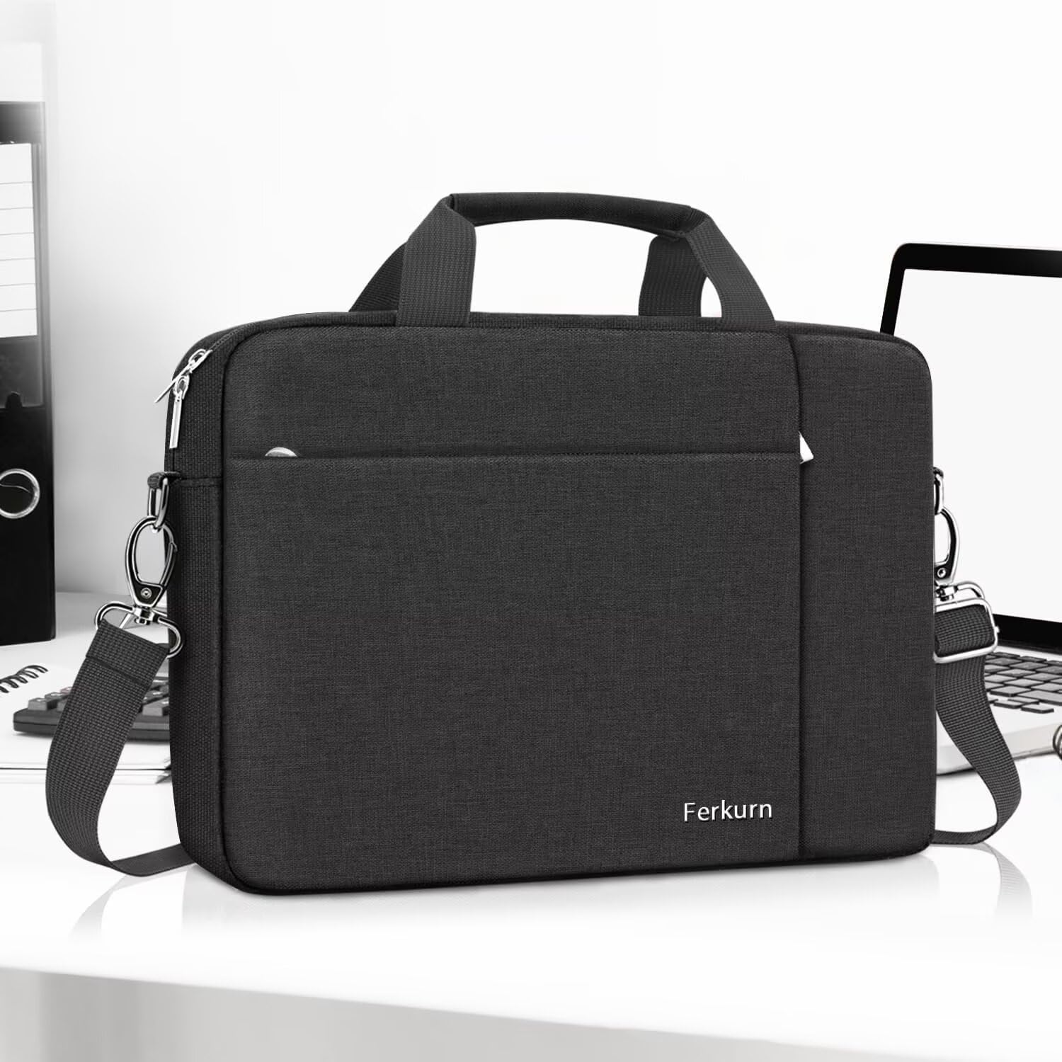 Ferkurn 14 15 15.6 Inch Laptop Bag for Women & Men - Waterproof Computer Briefcase Compatible with HP Pavilion, Dell Inspiron XPS, Lenovo ThinkPad, ASUS VivoBook, Acer Chromebook & More - Perfect for Work, School & Travel - Black Shoulder Messenger Bag