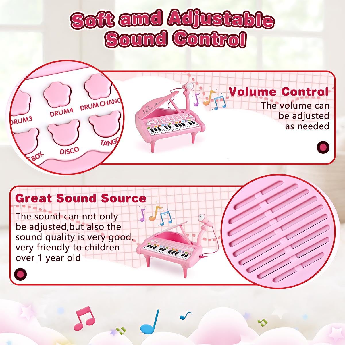 24-Key Toddler Piano Keyboard Toy with Microphone & Musical Notes - Educational Musical Instrument Gift for 1-3 Year Old Girls & Boys - Perfect for Birthday, Christmas & Early Childhood Music Learning
