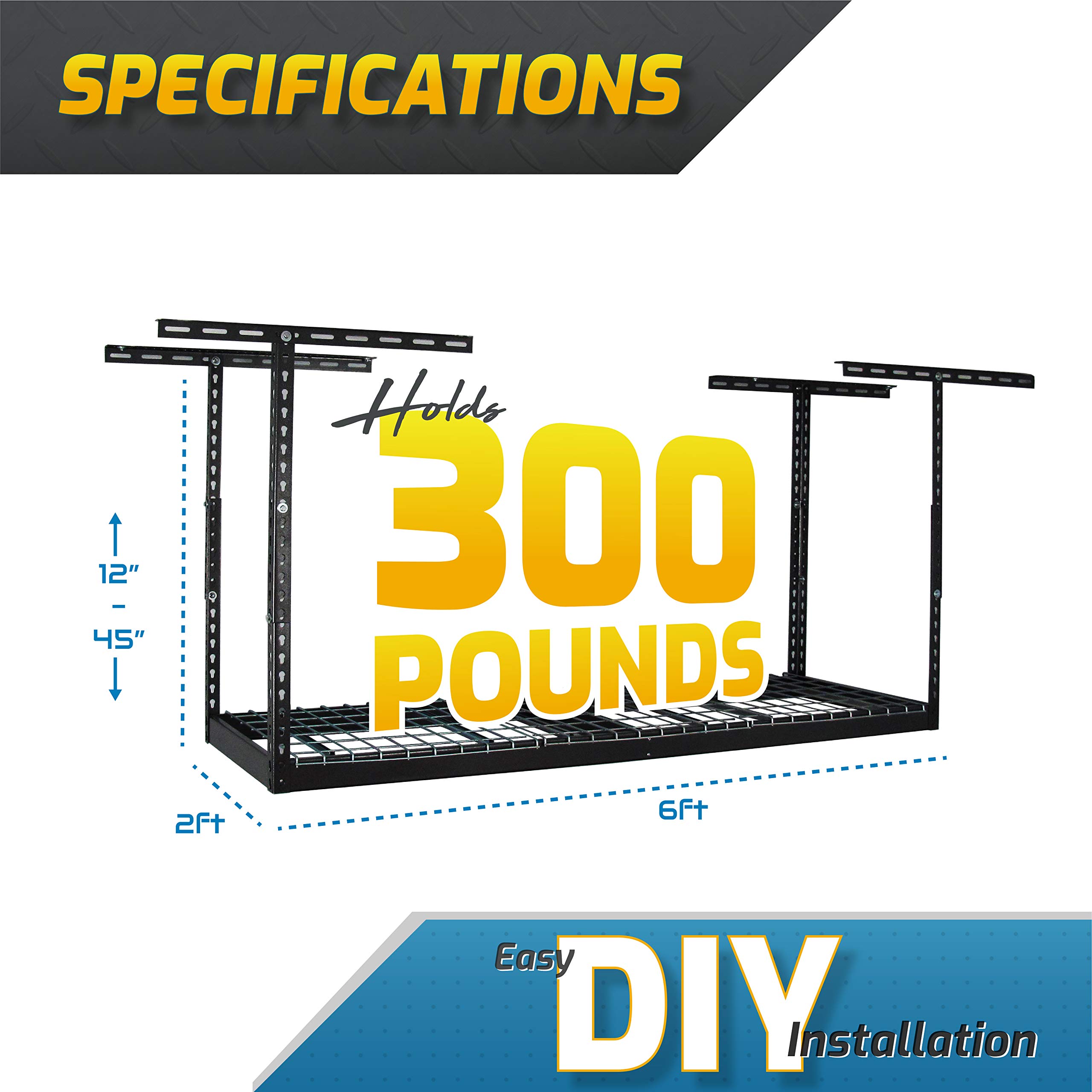 MonsterRax Overhead Garage Storage Rack 2x6 - Adjustable Ceiling Mounted Shelving System for Bike, Equipment & Bin Organization (Hammertone, 24