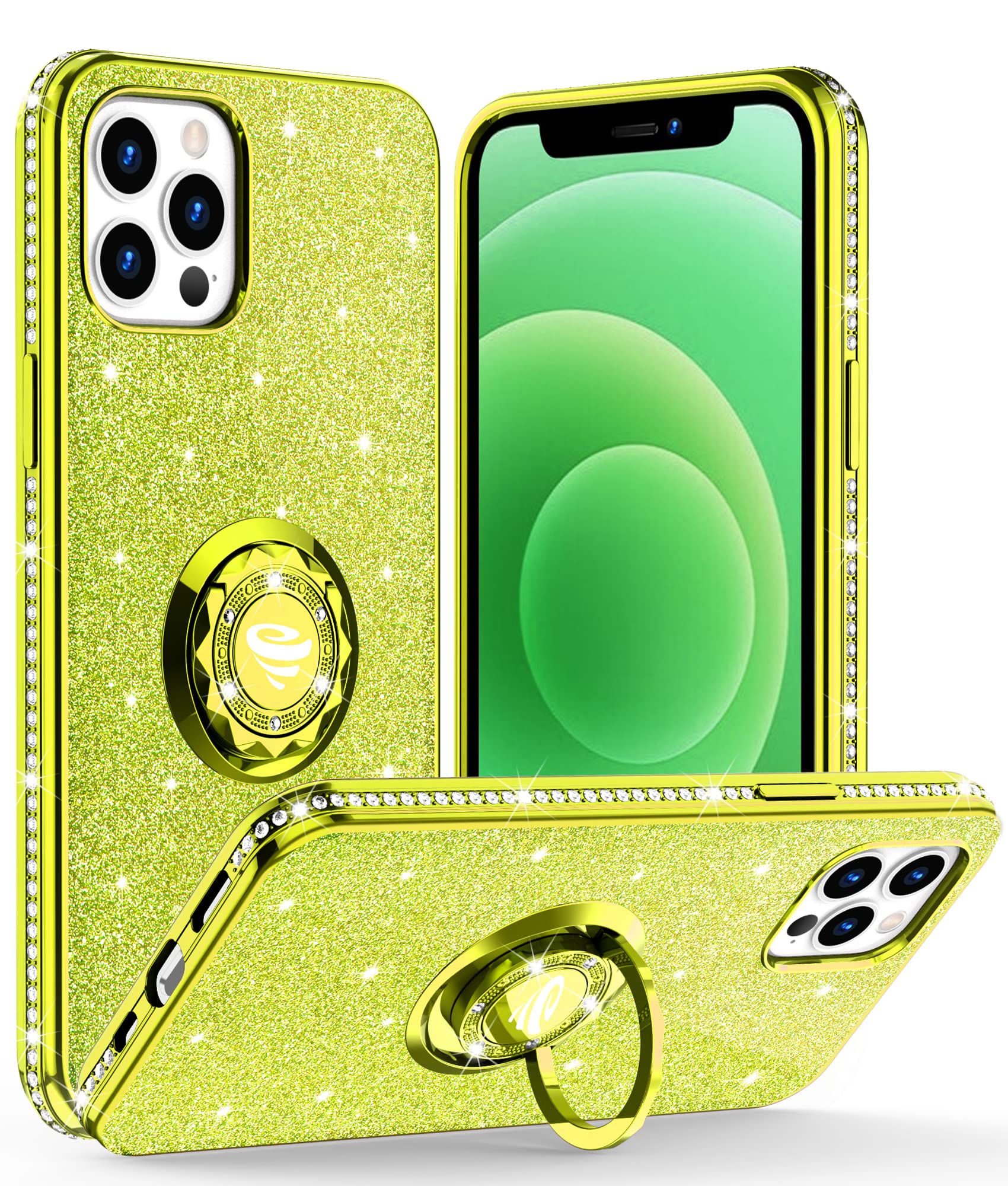 Sparkly Glitter Diamond iPhone 12 Pro Max Case 6.7 inch - Cute Soft Bumper Cover with Ring Stand | Protective Phone Case for Women & Girls (Fluorescent Green) | Perfect for Everyday Use, Work & Travel