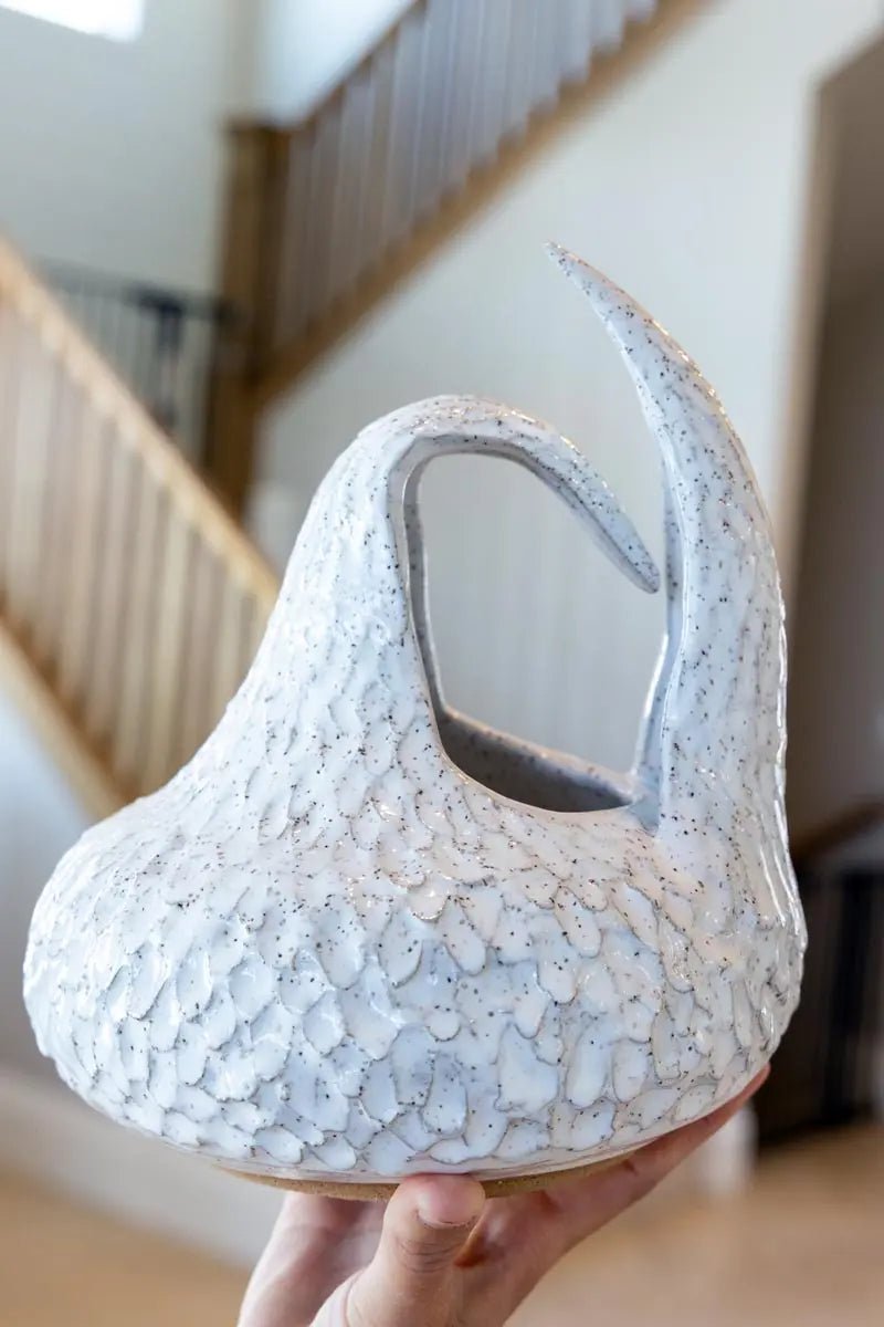 XL Abstract Speckled Stoneware Feathered Sculpture Pot - White Ceramic Vase for Home Decor, Unique Centerpiece for Living Room, Dining Table, or Office Display (Imperfect Seconds)