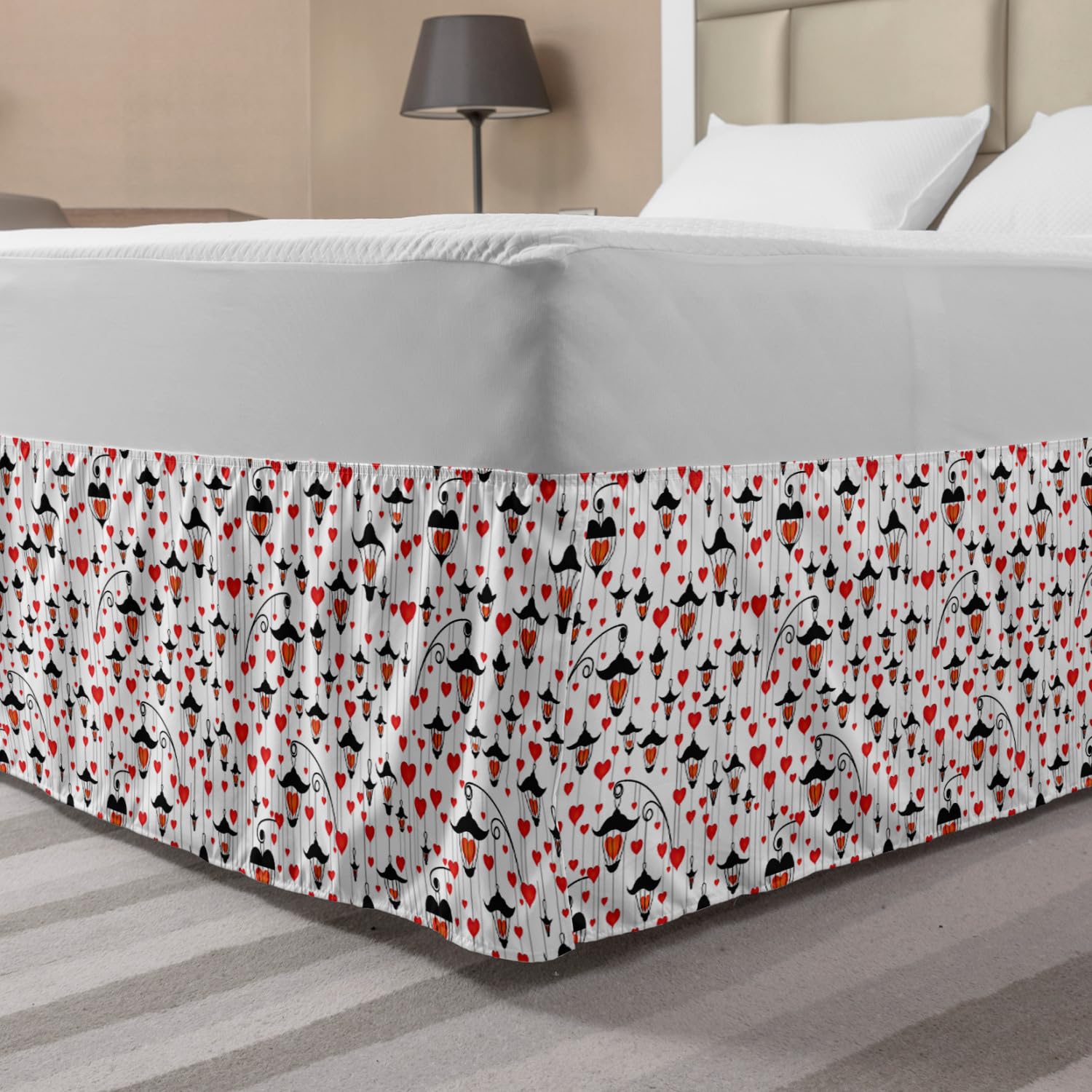 Ambesonne Love Elastic Bed Skirt - Romantic Valentine's Day Hearts & Antique Lamp Pattern, Wrap Around Dust Ruffle for Queen Size Beds (Vermilion/Scarlet) - Perfect for Bedroom Decor & Special Occasions