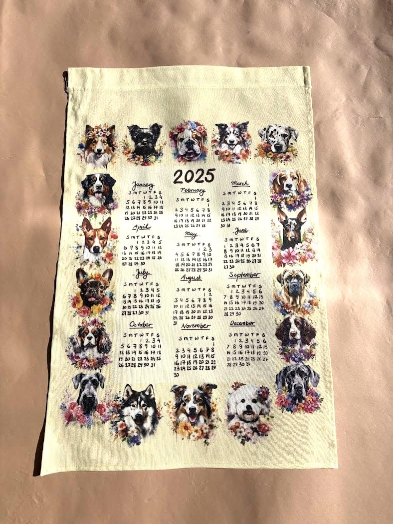 2025 Dog Linen Wall Calendar with Towel - Cute Canine Themed Home Decor & Perfect Gift for Dog Lovers - Ideal for Kitchen, Office, or Pet Room Decoration (Dogs on Cream Background)