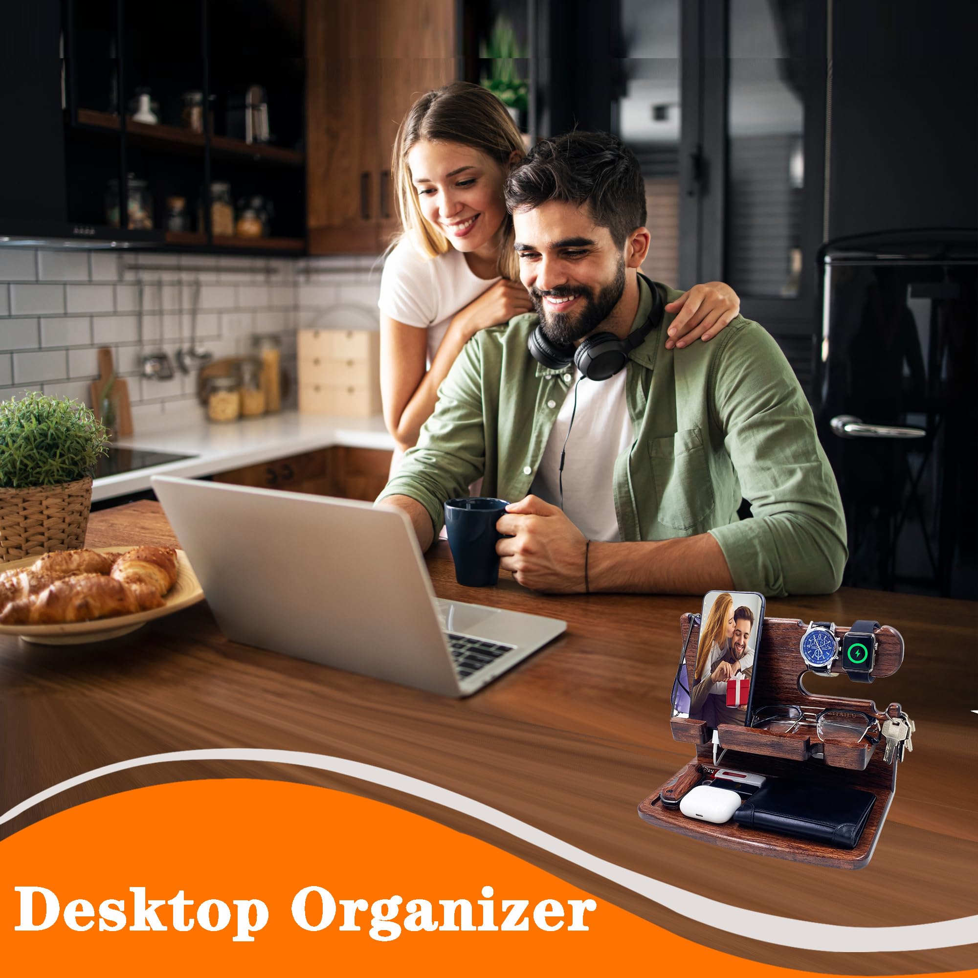Wooden Phone Docking Station & Nightstand Organizer - Perfect Gift for Men, Women, Dad, Husband, Boyfriend | Birthday, Anniversary, Christmas Present (Dark Brown) | Bedside Storage for Phone, Watch, Wallet & Keys