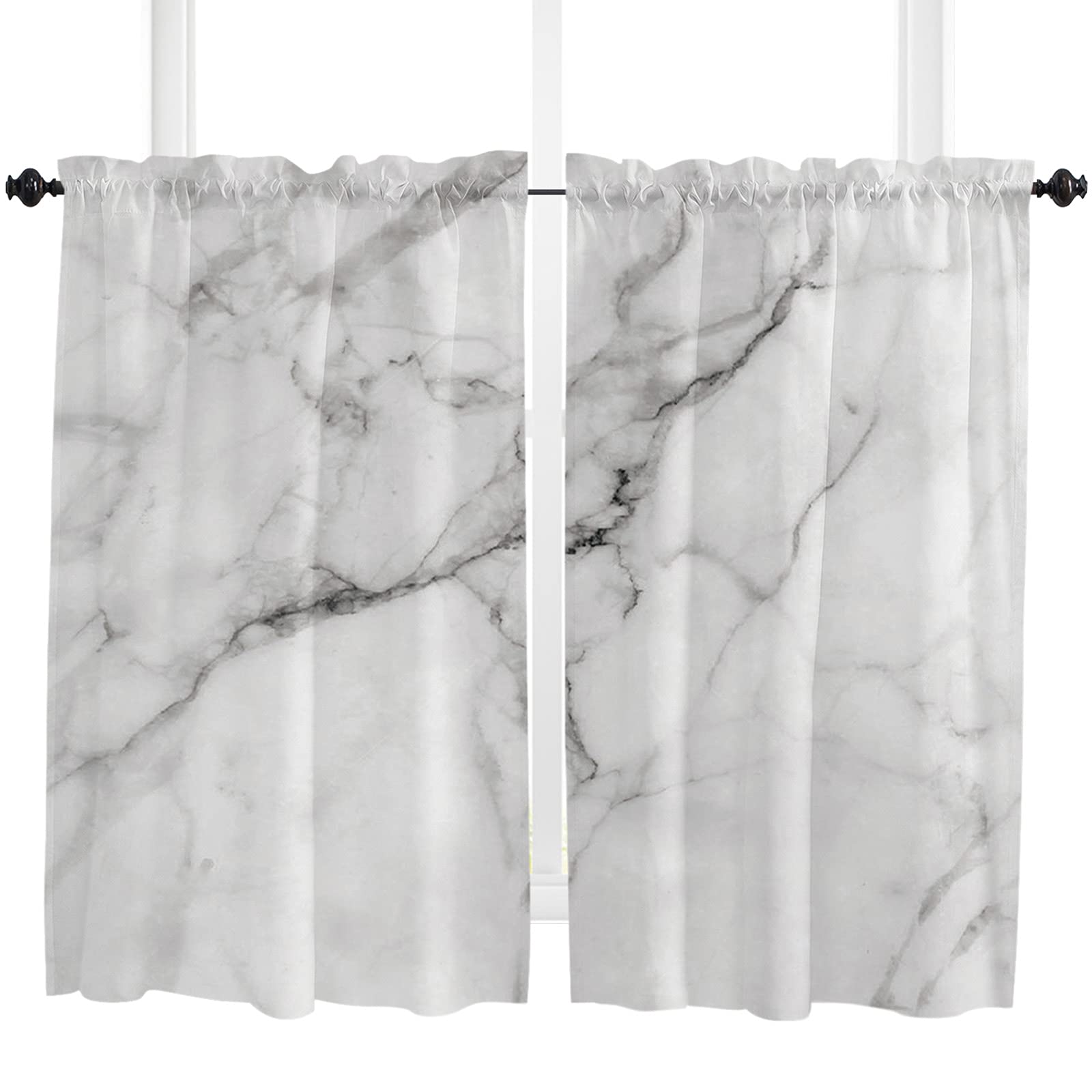 Marble Crack Design Window Curtains 55''x45'' - Set of 2 Panels, Rod Pocket Kitchen Drapes for Half Windows, White Bathroom & Cafe Curtains - Perfect for Small Kitchens, Bathrooms, and Cozy Cafés