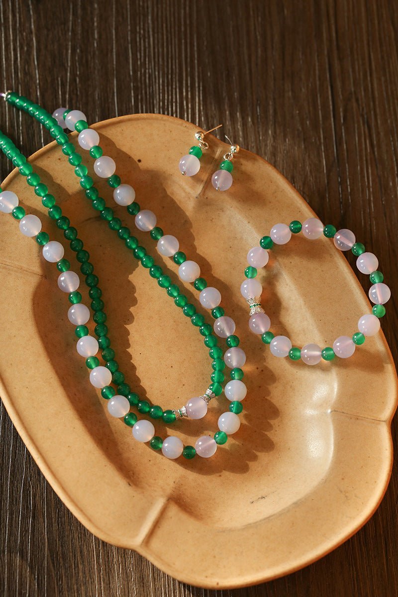 Natural Green Agate Beaded Necklace with Genuine Purple Chalcedony Pendant - Elegant Boho Jewelry for Women, Perfect for Yoga, Meditation & Spiritual Healing