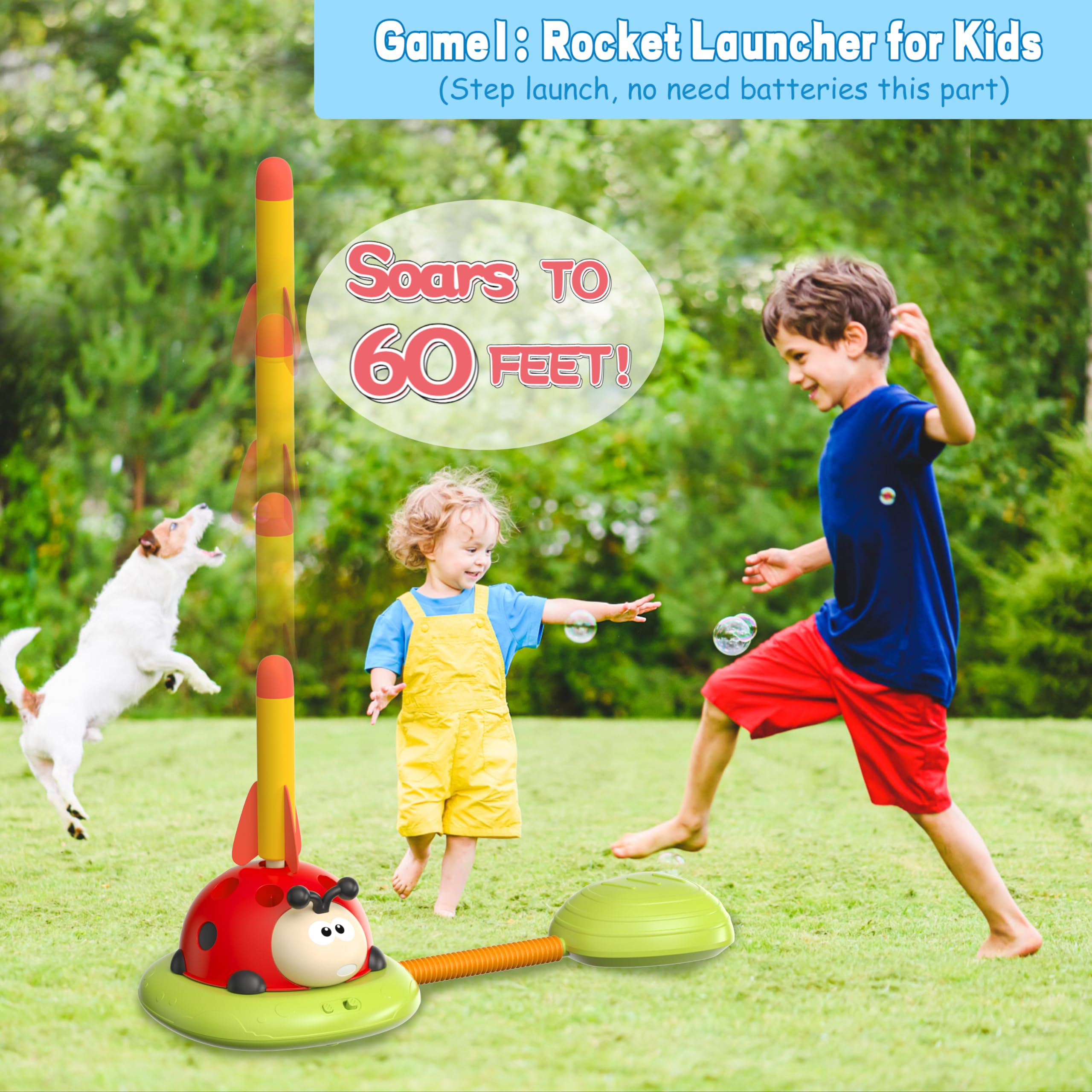 Engfa 3-in-1 Musical Jump & Toss Ring Game Set with Stomping Rocket Launcher - Outdoor Sports Toys for Kids Ages 3-8 - Perfect for Backyard Play, Birthday Gifts & Family Fun Activities