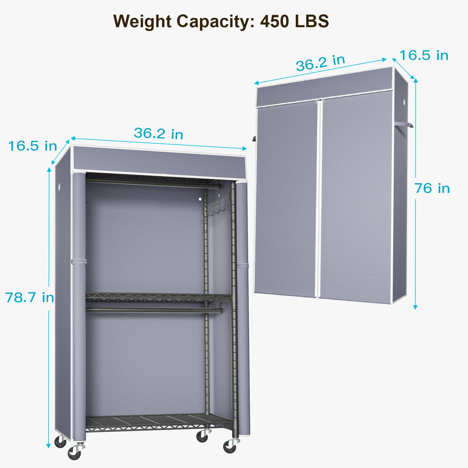 Black Heavy-Duty Rolling Clothing Rack with Grey Cover - 36.2