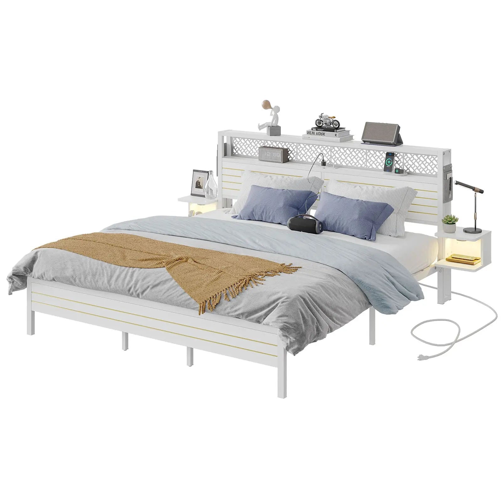 Bestier King Size Bed Frame with Horizontal Golden Stripe Storage Headboard - Modern Platform Bed with Underbed Storage Space - Perfect for Master Bedroom, Guest Room & Small Space Living