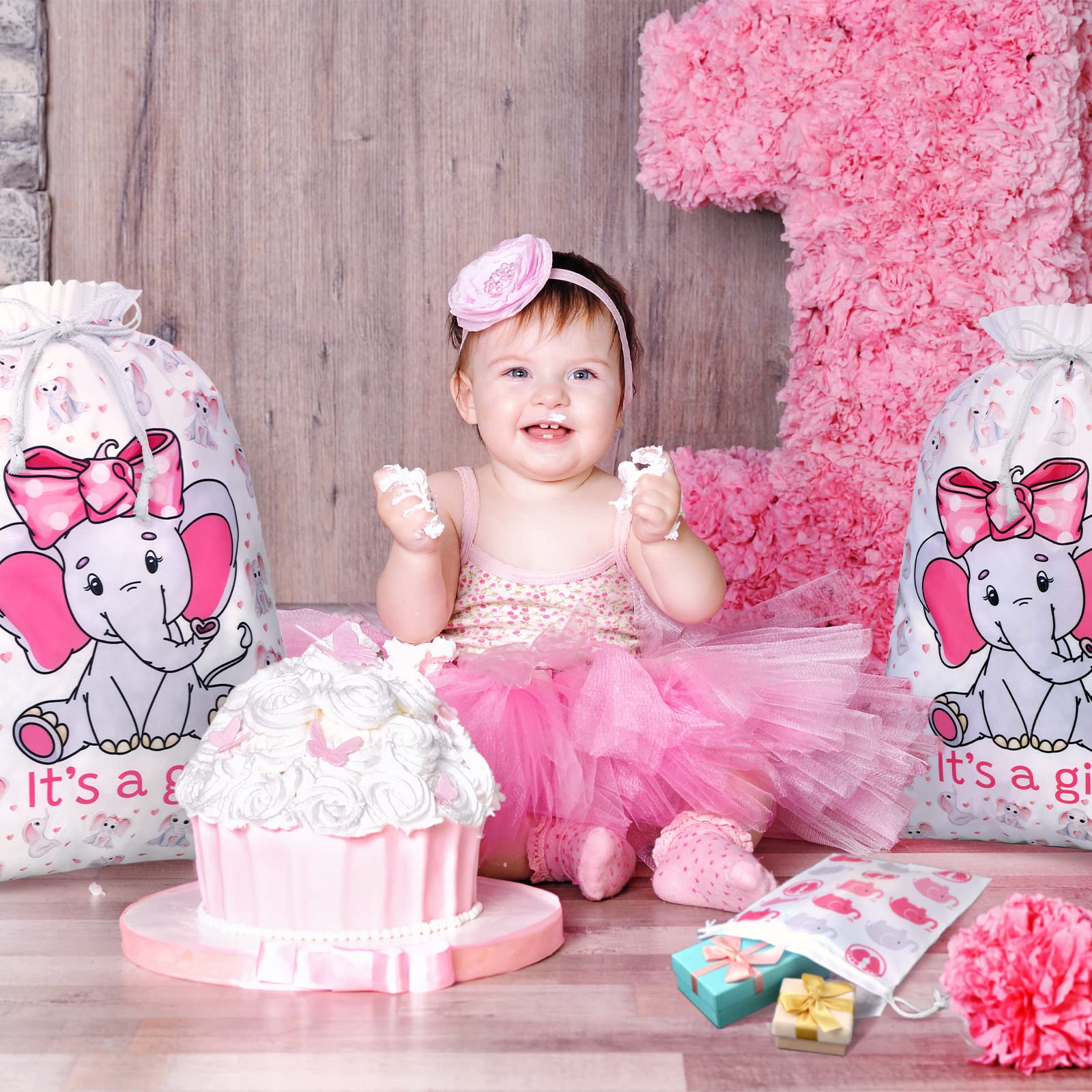 4 Pcs Pink Elephant Drawstring Fabric Gift Bags for Baby Showers, Gender Reveal & Birthday Parties - Perfect for Baby Girl Shower Favors, Treat Wraps & Party Decorations