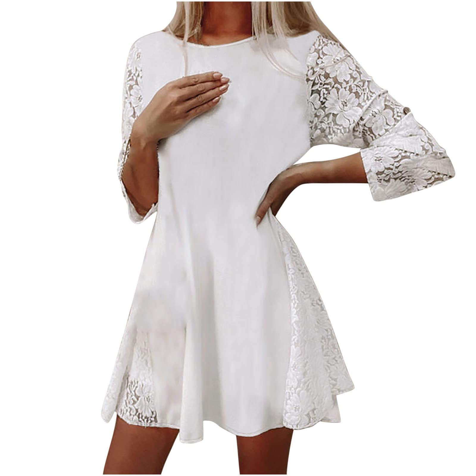 Elegant White Summer Dress for Women - Casual Crewneck Lace Tiered Pleated Mini Dress with 3/4 Sleeves | Perfect for Beach Vacations, Date Nights & Summer Parties