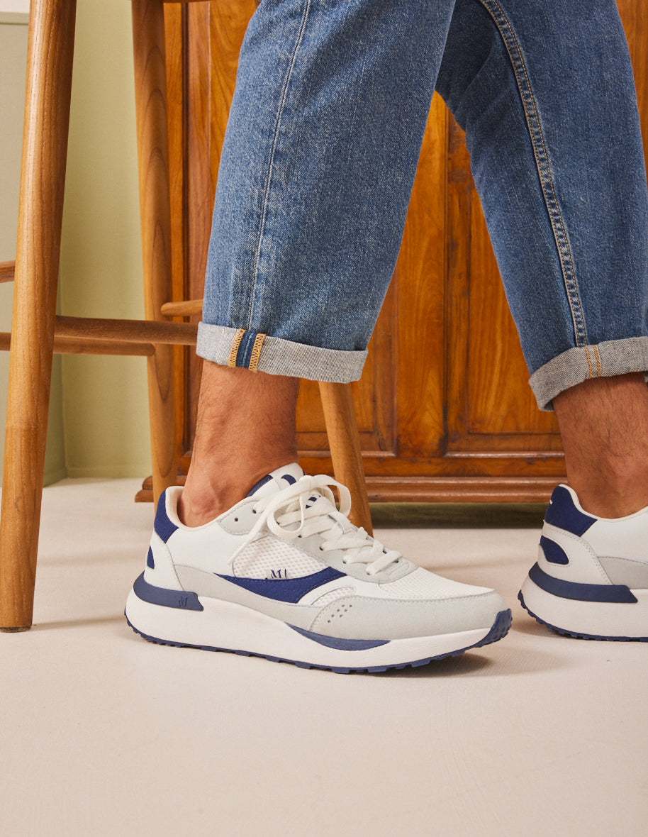 Anael Low Basket - Recycled Leather & Vegan Suede in Navy White | Perfect for Casual Outings & Beach Trips