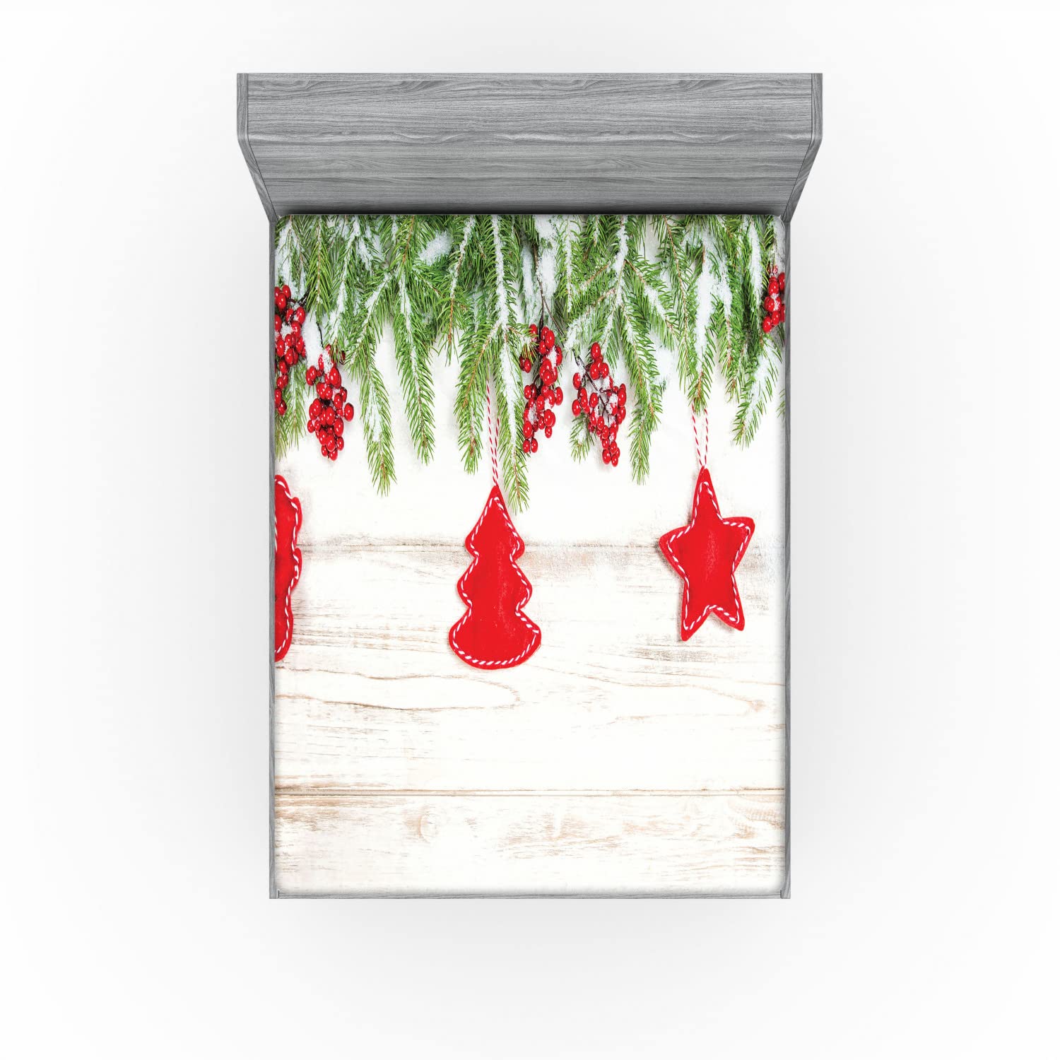Ambesonne Christmas Fitted Sheet - Full Size Beige & Red Noel Tree Print with Berries & Ornaments | Deep Pocket Elastic Bed Cover for Holiday Decor & Cozy Winter Nights