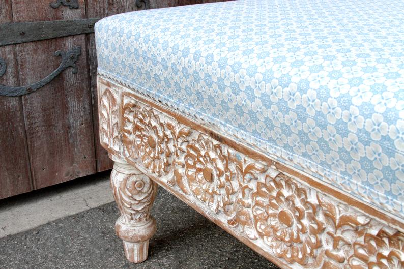 Handmade Carved Indian Traditional White Ottoman - Elegant Footstool Pouf for Living Room, Bedroom & Boho Home Decor