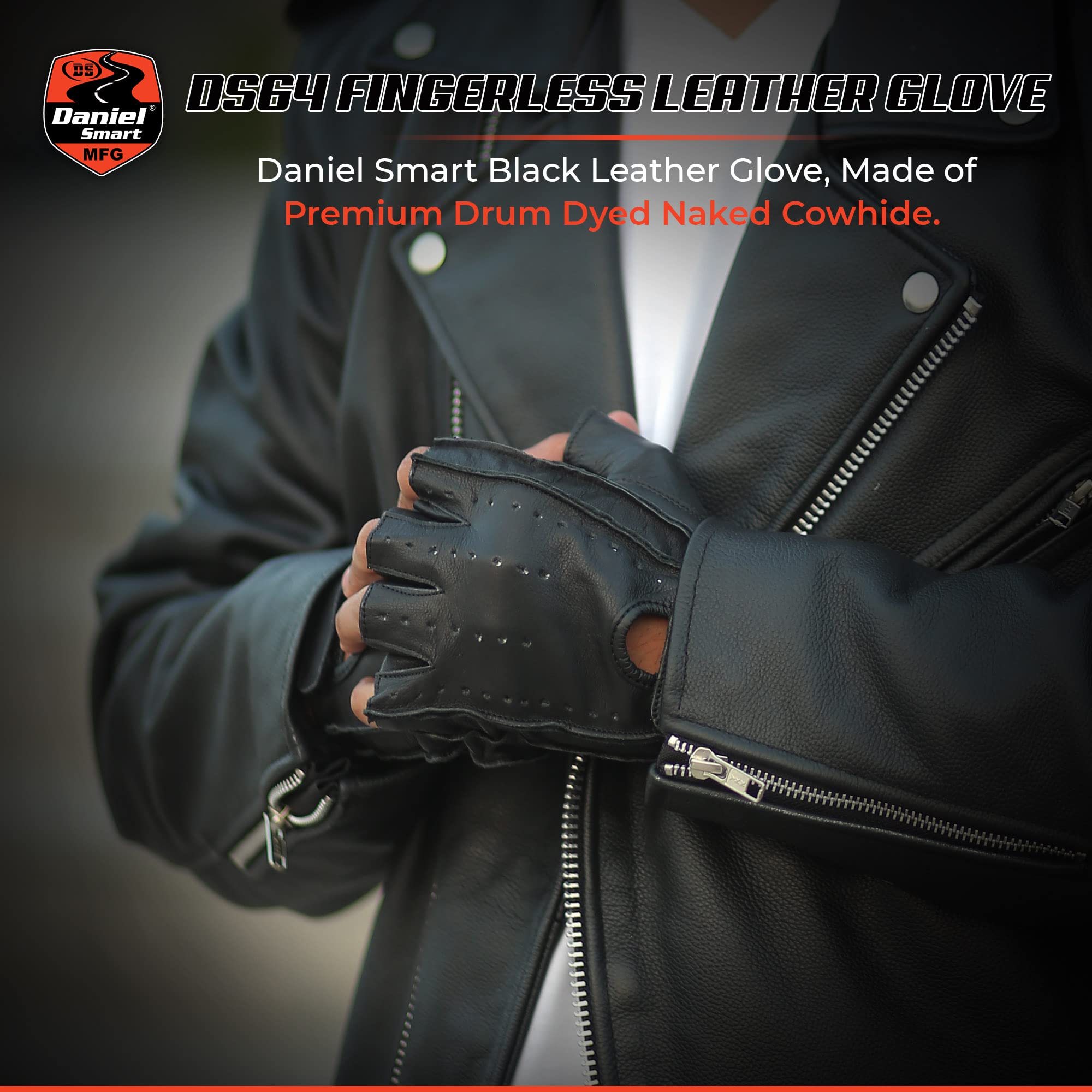 Daniel Smart Men’s Fingerless Motorcycle Gloves - Premium Naked Cow Leather with Perforated Design & Reinforced Palm - Ideal for Biking, Driving & Outdoor Activities