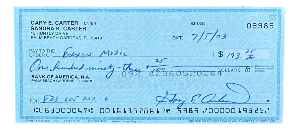 Gary Carter Montreal Expos Autographed Signed Bank Check #9989 BAS - Authentic MLB Memorabilia for Collectors & Sports Fans