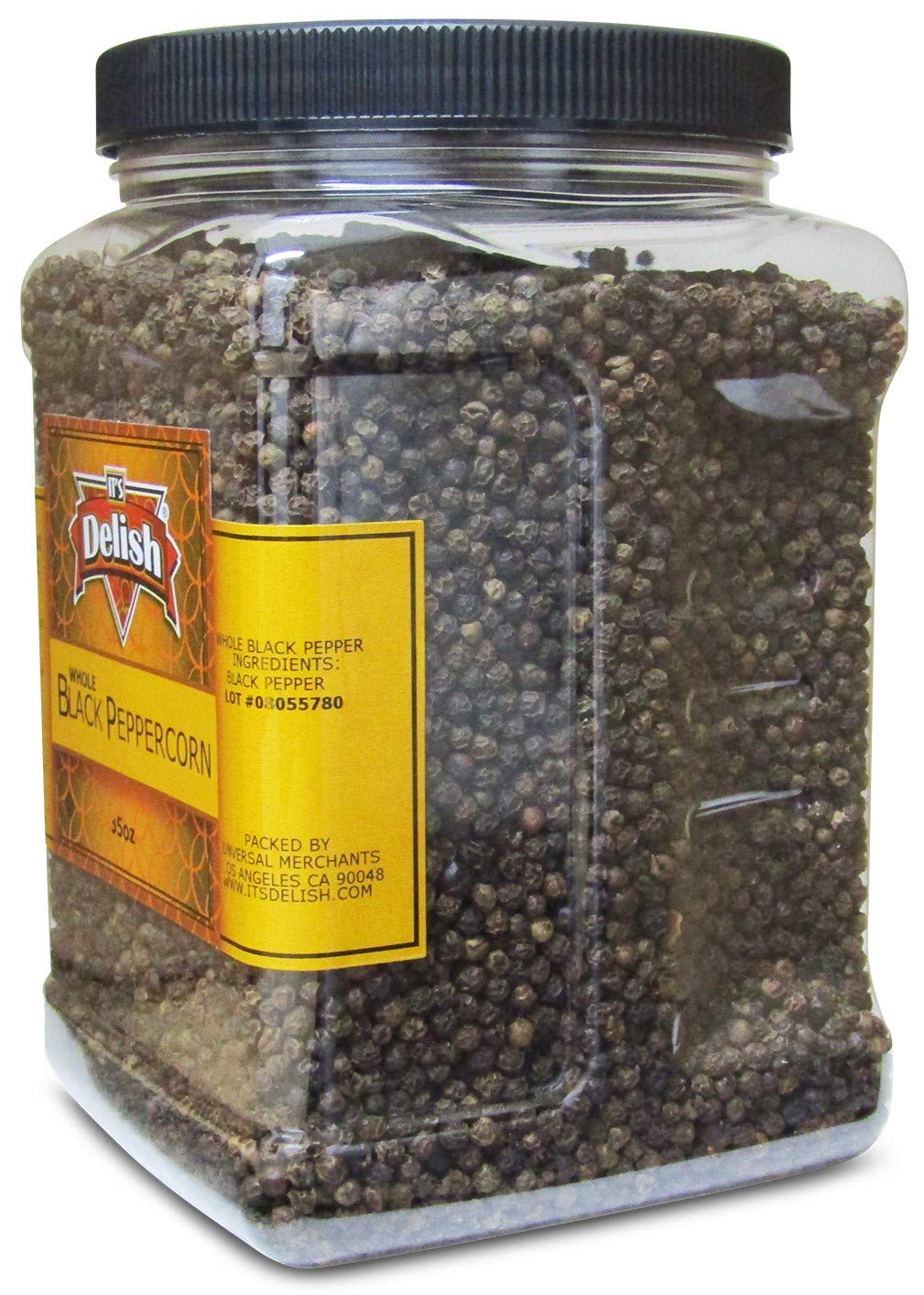 Premium Whole Black Peppercorns by It's Delish – 35oz Jumbo Reusable Container – All Natural Kosher Fresh Dried Peppercorns for Pepper Grinder Refill – Perfect for Cooking, Seasoning & Gourmet Dishes