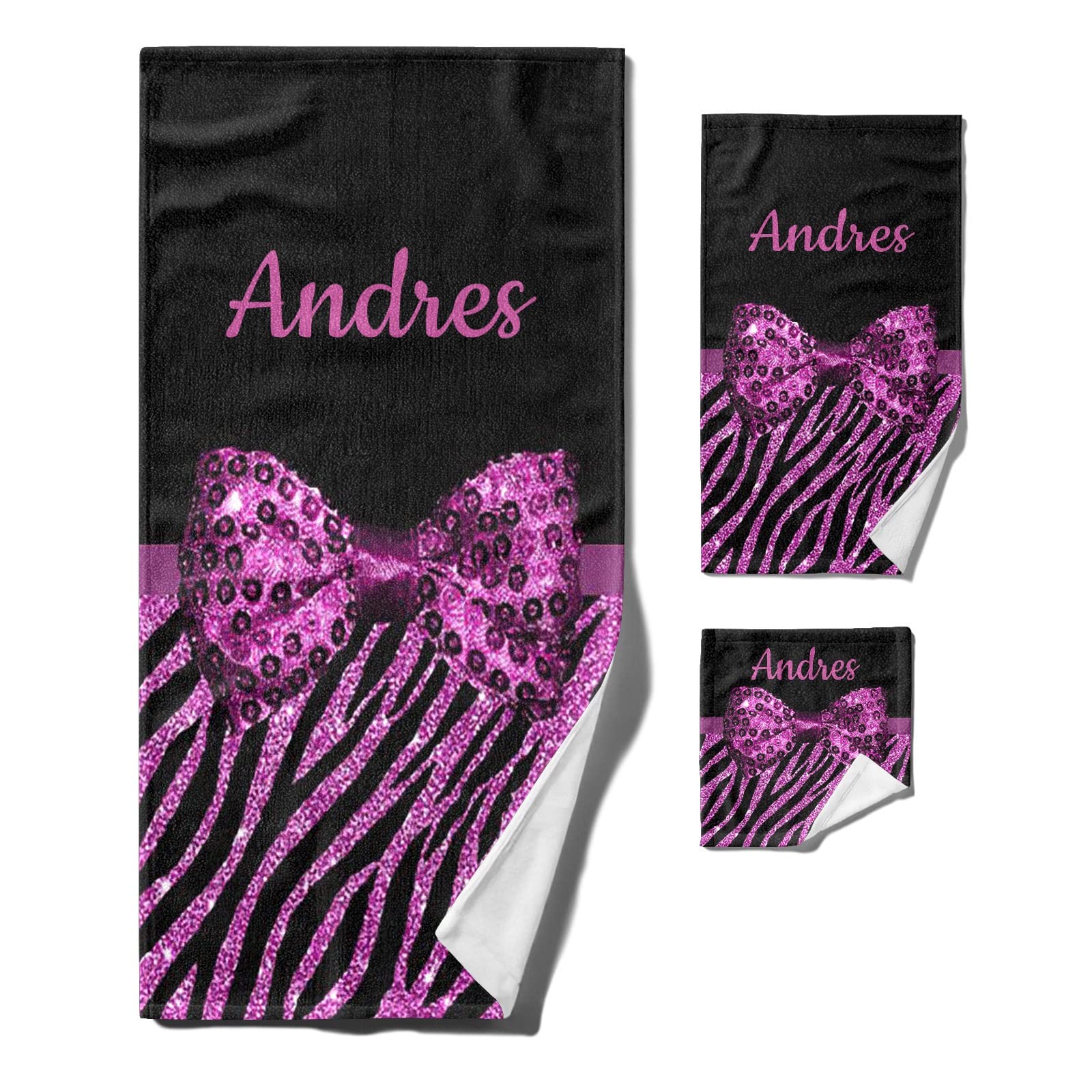 Custom Purple Zebra Print Bow Beach Towel Set - 3-Piece Sandproof Quick Dry Towels for Pool, Beach, Picnic & Outdoor Activities - Perfect for Swimming, Sunbathing & Sports Events