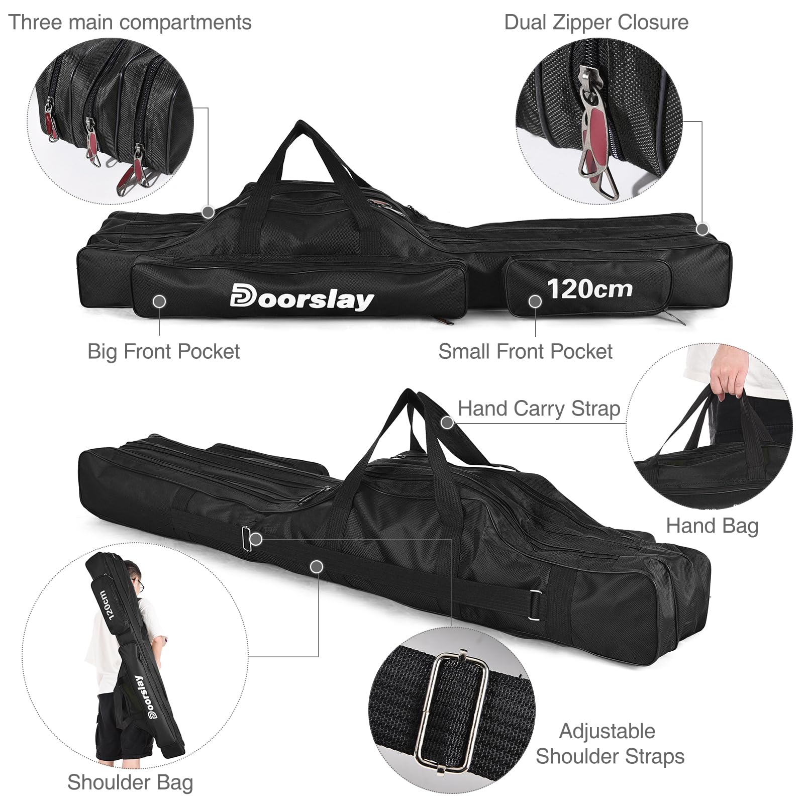 **Doorslay 3-Layer Oxford Waterproof Fishing Rod Case - Portable Folding Fishing Pole Storage Bag for Travel & Outdoor Fishing Gear - Perfect for Camping, Kayaking, and Beach Trips**