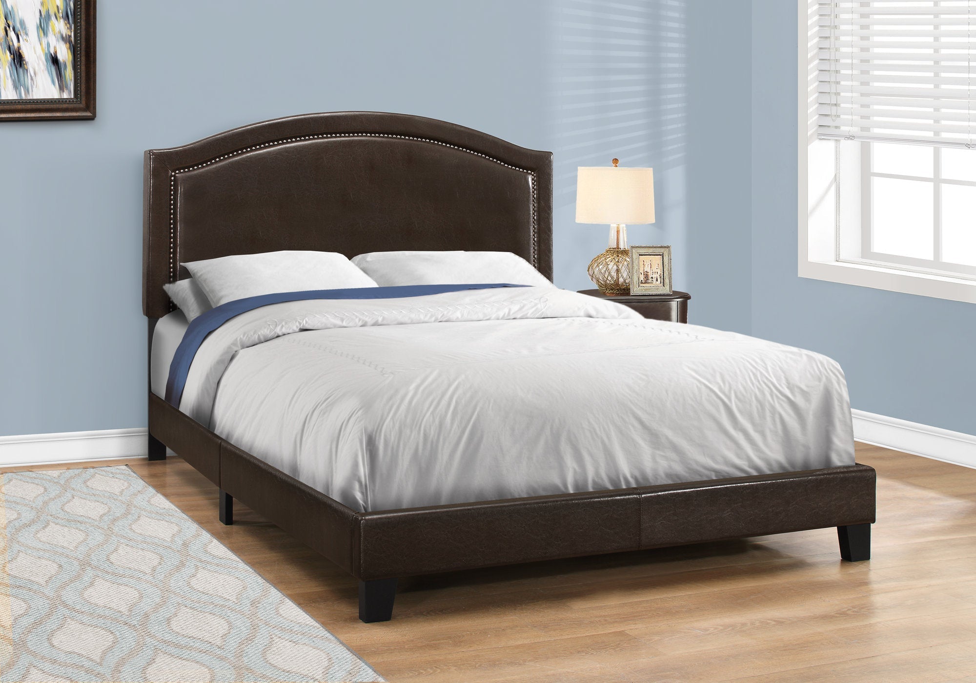 Queen Size Brown Faux Leather Bed Frame with Brass Trim - Elegant Bedroom Furniture for Master Bedroom & Guest Room