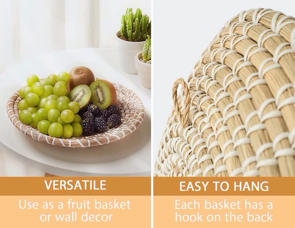 Set of 3 Handmade Woven Seagrass Wall Baskets - Boho Home Decor, Lightweight & Easy to Hang, Multi-Purpose Storage for Bathroom, Bedroom or Nursery - Natural Fiber Wall Organizer for Keys, Plants & Small Items
