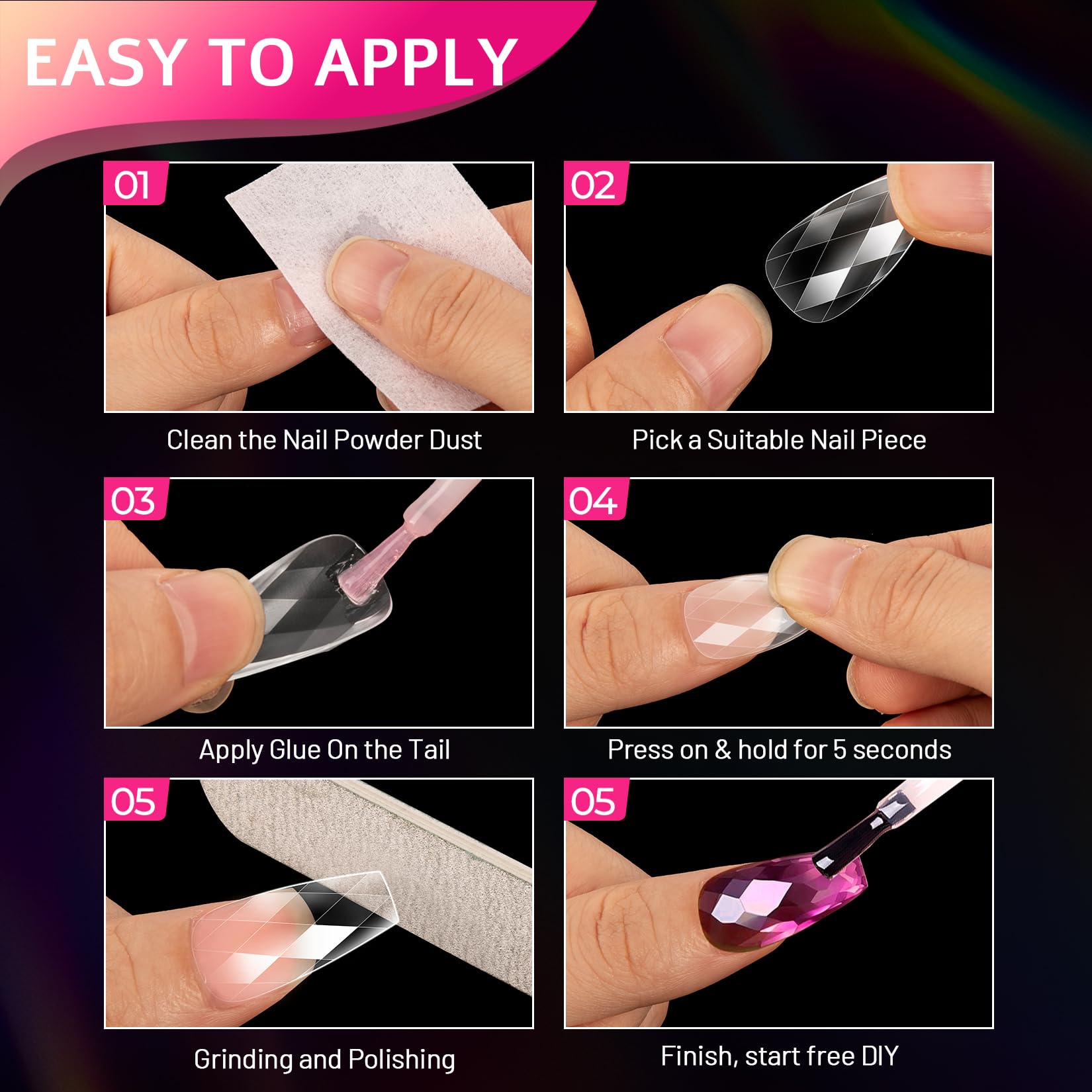 Ranrose 120PCS 3D Diamond Coffin Nail Tips - Medium Length Clear Acrylic Press On Fake Nails with Glitter Designs for Nail Extension, Salon & DIY | Perfect for Parties, Weddings & Special Occasions