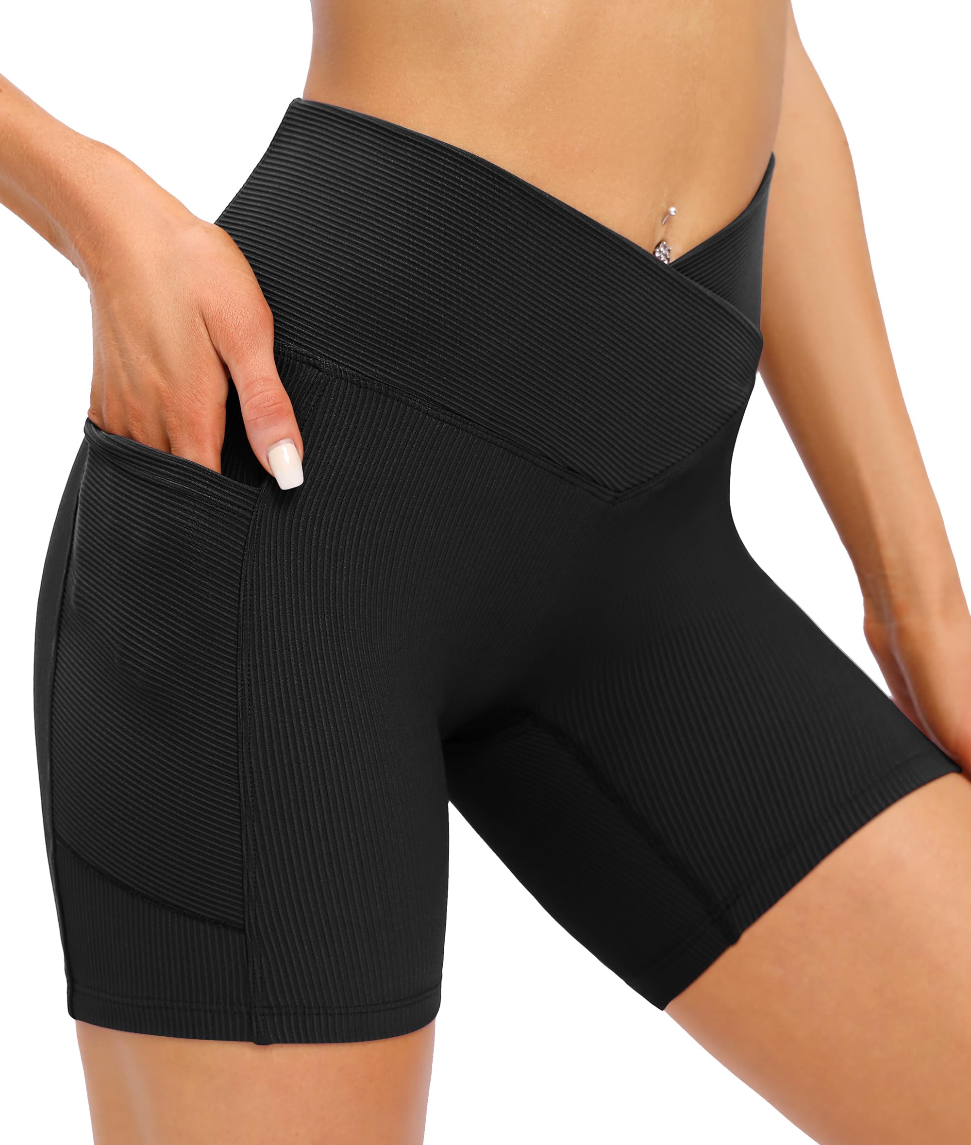IUGA Women's High Waist Ribbed Biker Shorts - Tummy Control Compression Yoga Shorts with Pockets | Cross Waist Spandex Workout Shorts for Cycling, Running & Gym