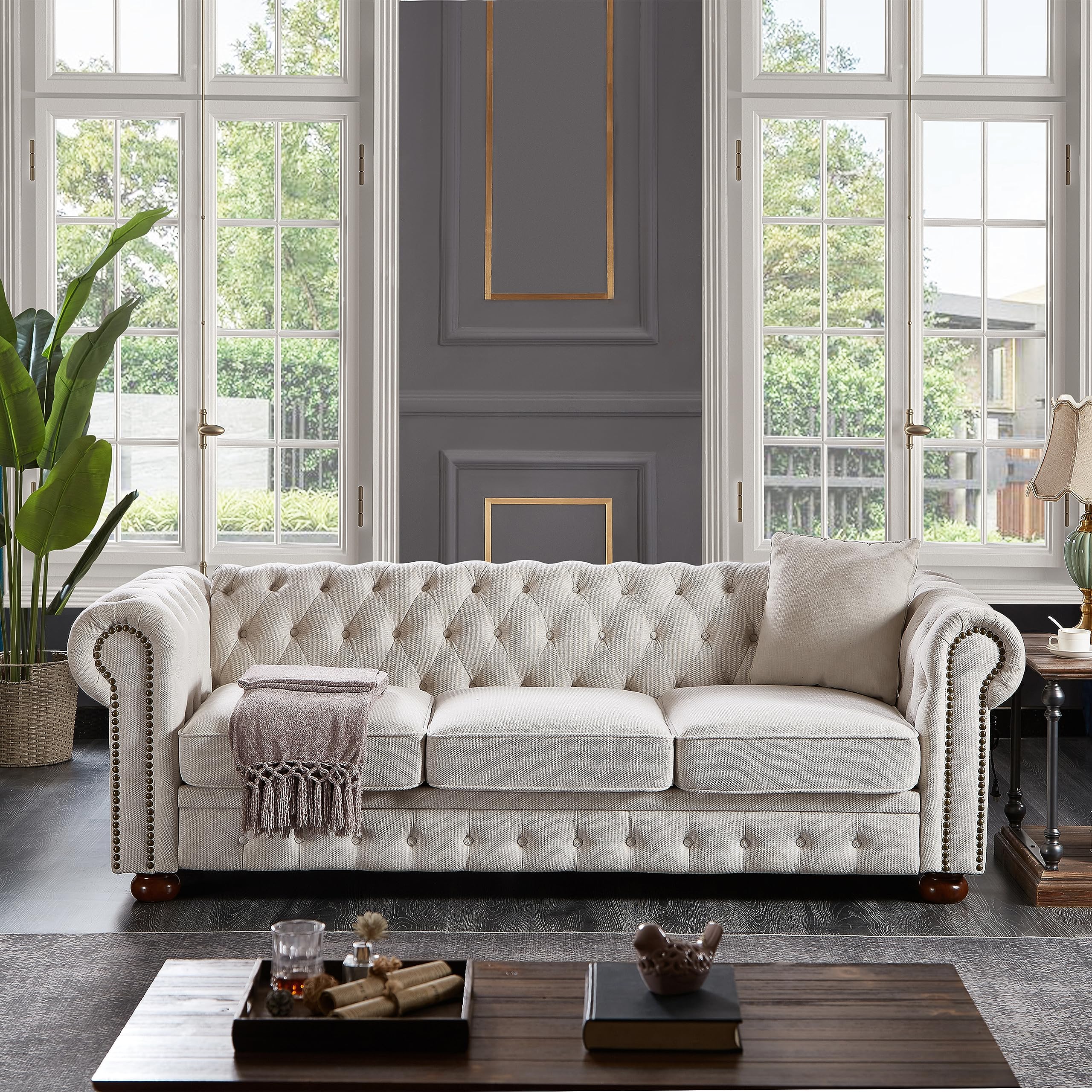 Chesterfield Sofa - Classic Linen Upholstered 3-Seater Couch, Modern Long Settee for Living Room & Office - Beige | Perfect for Home Decor, Lounge Relaxation & Elegant Entertaining