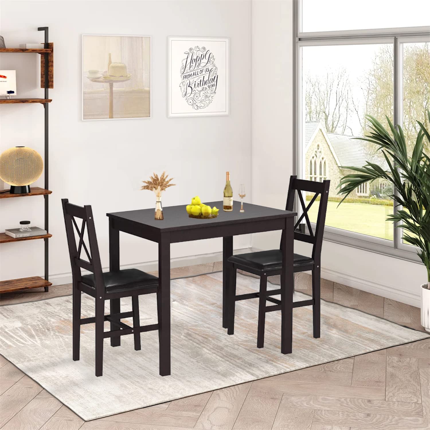 3-Piece Wooden Dining Table Set - Square Kitchen Table & Chairs for 2 - Sturdy Breakfast Nook Set for Small Spaces - Perfect for Home, Restaurant & Living Room - Brown Finish - Ideal for Compact Kitchens, Cozy Breakfast Nooks & Small Dining Areas