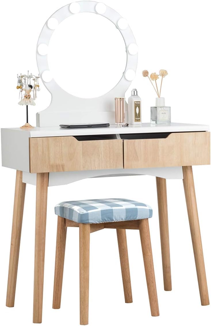Byroce Vanity Table Set with Round LED Lighted Mirror, Makeup Dressing Table with 8 Adjustable Bulbs & Touch Switch - Includes Cushioned Stool & 2 Large Drawers (Black/Natural/White) | Perfect for Bedroom, Dressing Room, Home Salon & Beauty Studio (Model: HW66049US)