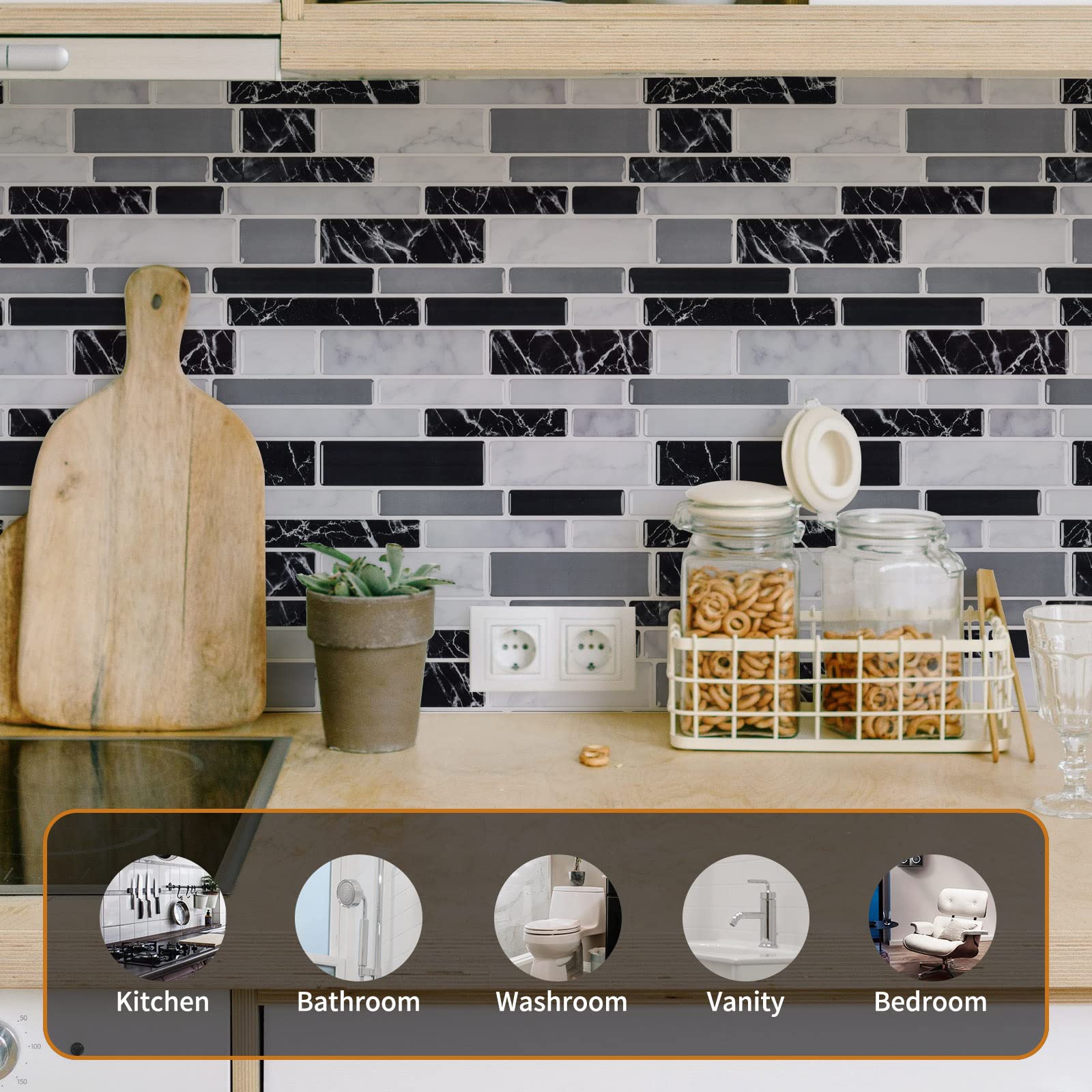WOWSTAR 10-Sheet Peel and Stick Backsplash Tile - Black Marble, 12