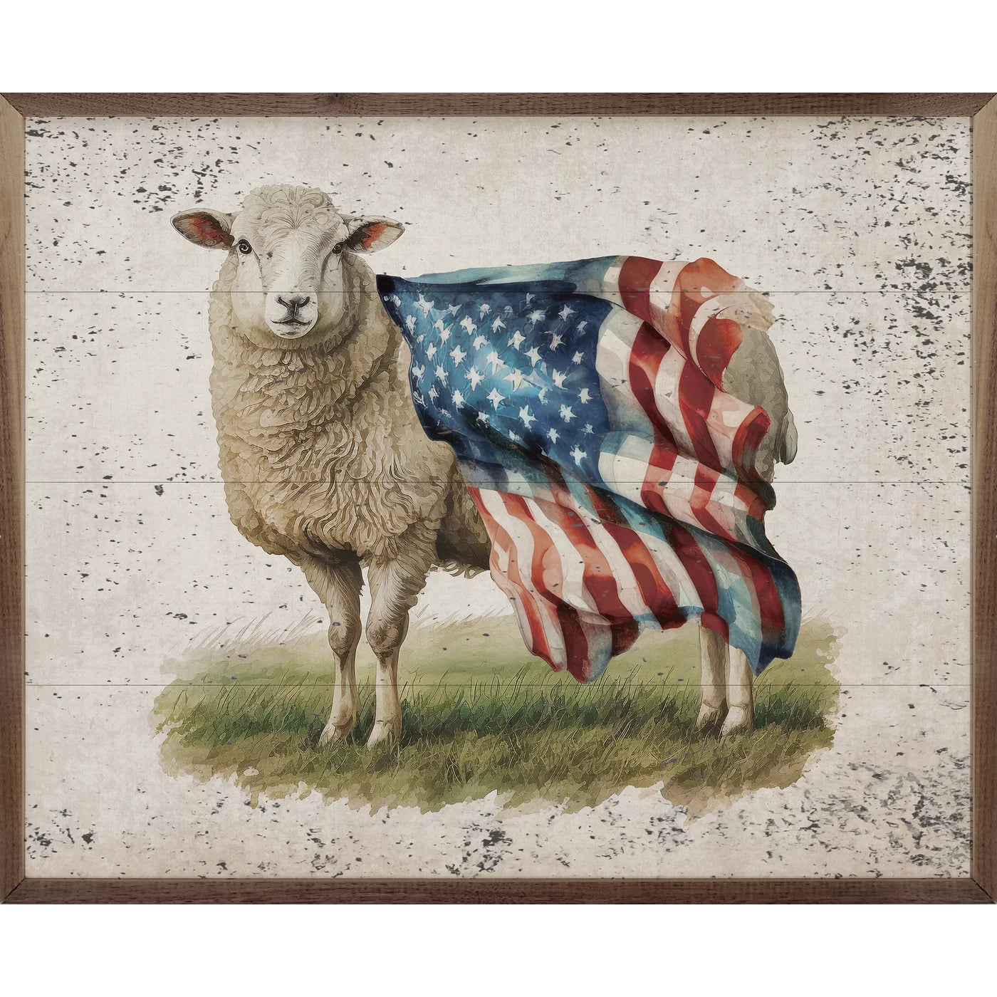 Vintage Distressed Patriotic Sheep Flag Left Wood Framed Print - Farmhouse Wall Art Decor for Living Room, Bedroom & Office