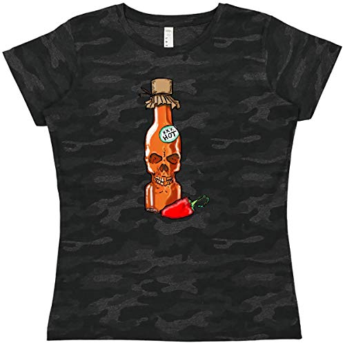 Inktastic Hot Sauce Skull Bottle with Pepper Women's T-Shirt | Graphic Tee for Spicy Food Lovers | Perfect for Halloween, Concerts & Casual Wear
