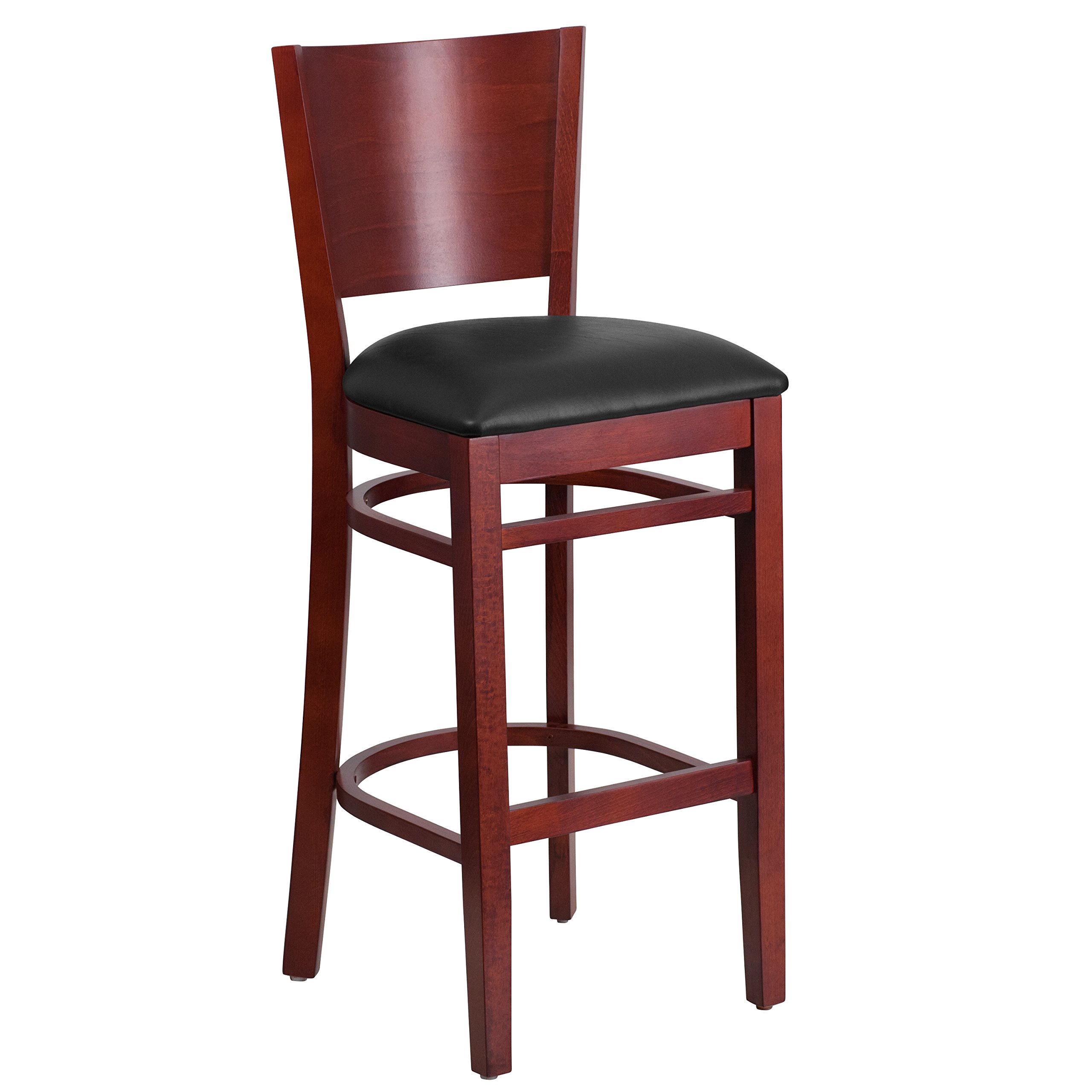 Solid Mahogany Wood Barstool with Black Vinyl Seat - Durable Bar Stool for Kitchen Island, Home Bar & Restaurant Use