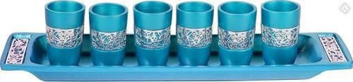 Set of 6 Turquoise Anodized Aluminum Cups with Silver Lace Design & Matching Tray - Perfect for Outdoor Picnics, Camping, and Beach Parties