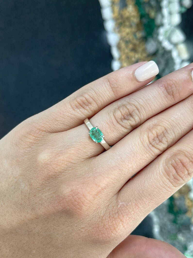 1.10ct Sterling Silver Oval Cut Emerald East to West Solitaire Ring for Women - Elegant Wedding, Engagement & Anniversary Jewelry Gift