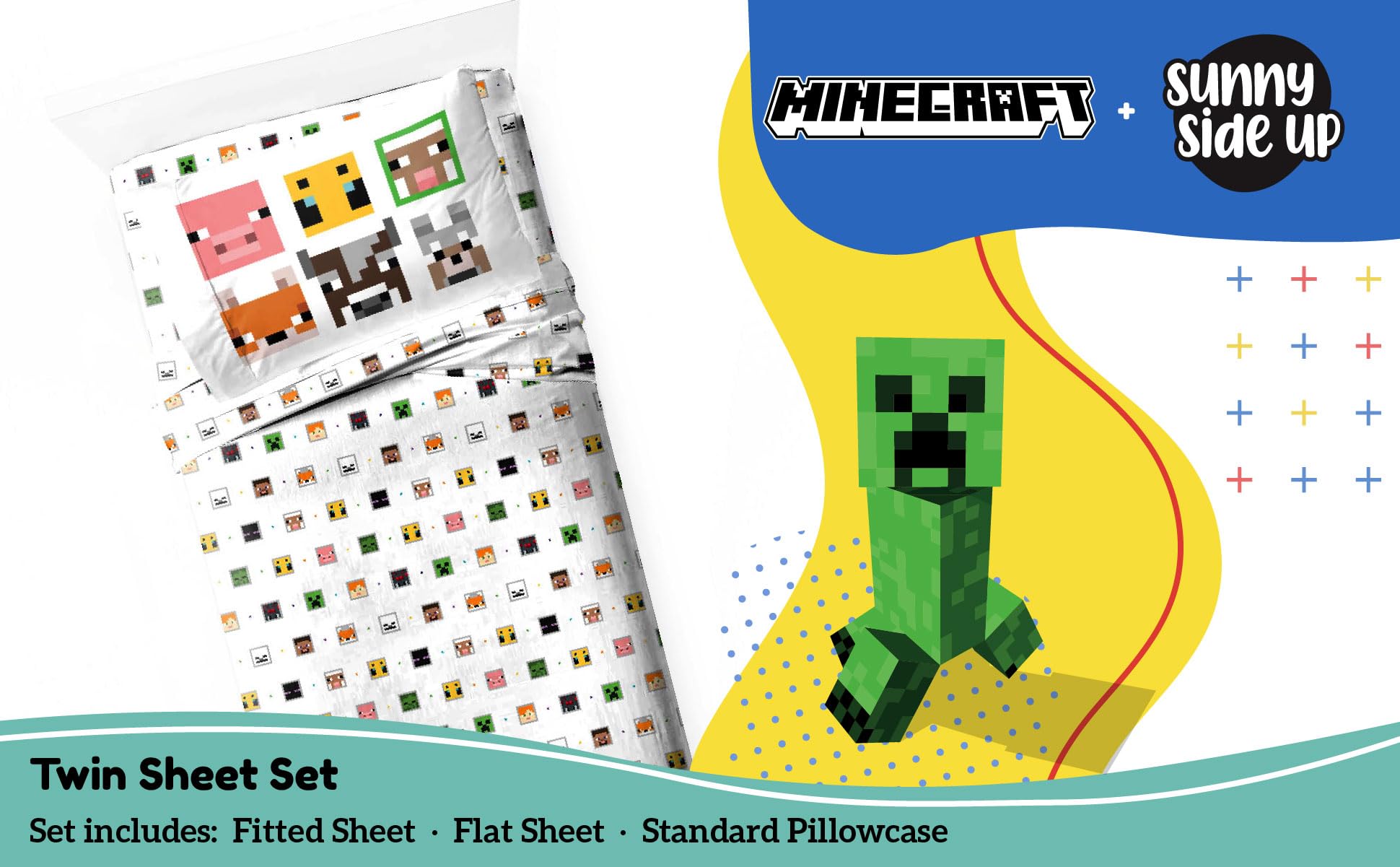 Minecraft Creeper & Animals Twin Sheet Set for Kids - 3 Piece Soft Microfiber Bedding Set with Pillowcase - Perfect for Boys & Girls Room Decor, Birthday Gifts & Sleepovers